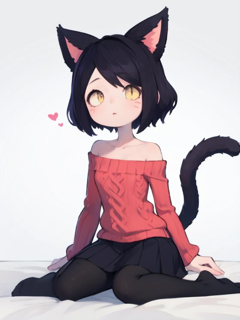 (illustration), (masterpiece:1.2), (best quality:1.2), 1girl, solo, looking at viewer, BREAK <lora:valbun:0.8> valbun, <lora:Qitten:0.8> qitten, animal ears, cat ears, (miqo'te), [face marking] black hair, short hair, yellow eyes, slit pupils, flat chest, little girl, child, cat eyes, tail, BREAKsweater, long skirt, pantyhose, looking at viewer, no shoes, BREAK