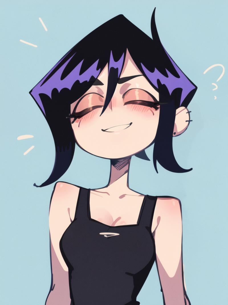 (illustration), (masterpiece:1.2), (best quality:1.2), 1girl, solo, looking at viewer, blush, smiling, BREAK <lora:valbun:1> valbun, black hair, black shorts, black tank top, black clothes, purple eyeshadow, eyes half closed,