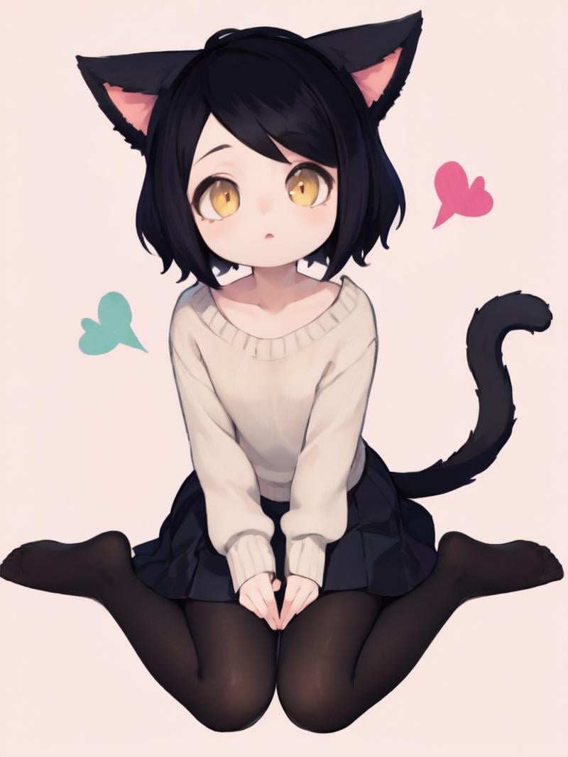 (illustration), (masterpiece:1.2), (best quality:1.2), 1girl, solo, looking at viewer, BREAK <lora:valbun:0.8> valbun, <lora:Qitten:0.8> qitten, animal ears, cat ears, (miqo'te), [face marking] black hair, short hair, yellow eyes, slit pupils, flat chest, little girl, child, cat eyes, tail, BREAKsweater, long skirt, pantyhose, looking at viewer, no shoes, BREAK