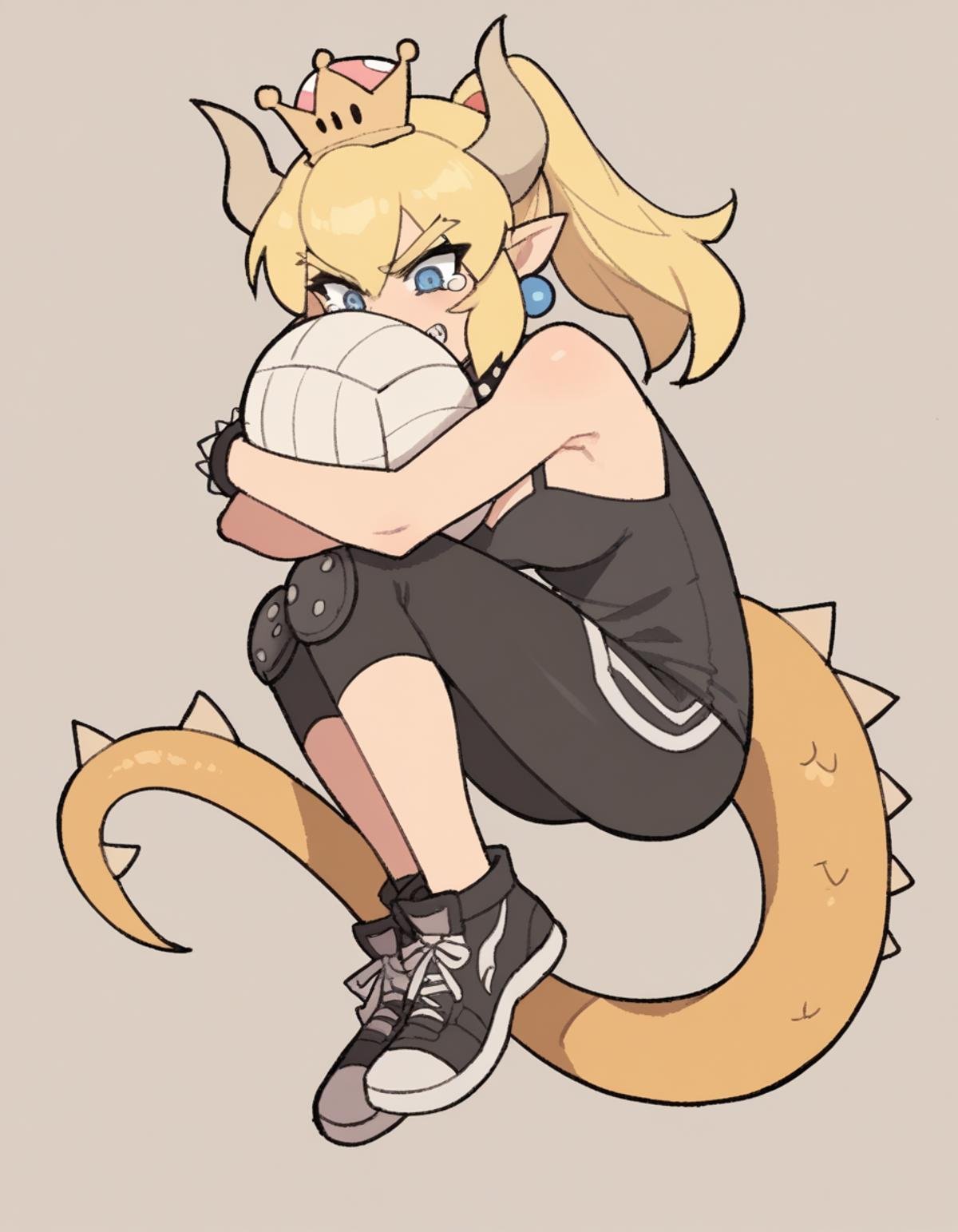 zPDXL, score_9, score_8_up, score_7_up, source_anime, flat color, sketch,1girl, solo, tearing up, (tail_hug), Bowsette, blonde hair, ponytail, sharp teeth, spikey tail, spikey shell, volleyball player wearing a white  team logo tank top, spandex shorts, low-top sneakers, headband,knee pads, <lora:TemmieChang_ver2:1> tmchng, . 