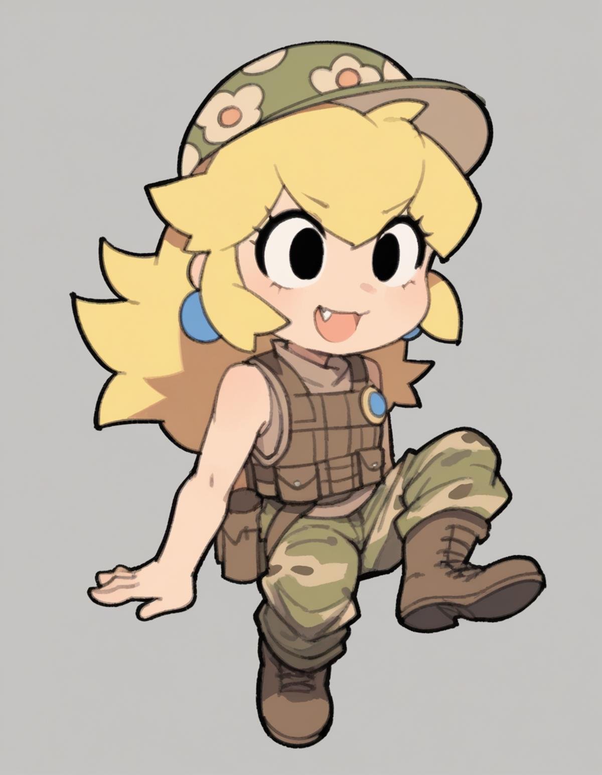 zPDXL, score_9, score_8_up, score_7_up, source_anime, flat color, sketch,1girl, solo, skin fang, (leaning_back), Princess Peach, blonde hair, long hair, soldier wearing Sleeveless top with tactical vest, camo pants, combat boots, boonie hat, <lora:TemmieChang_ver2:1> tmchng, chibi, black eyes 