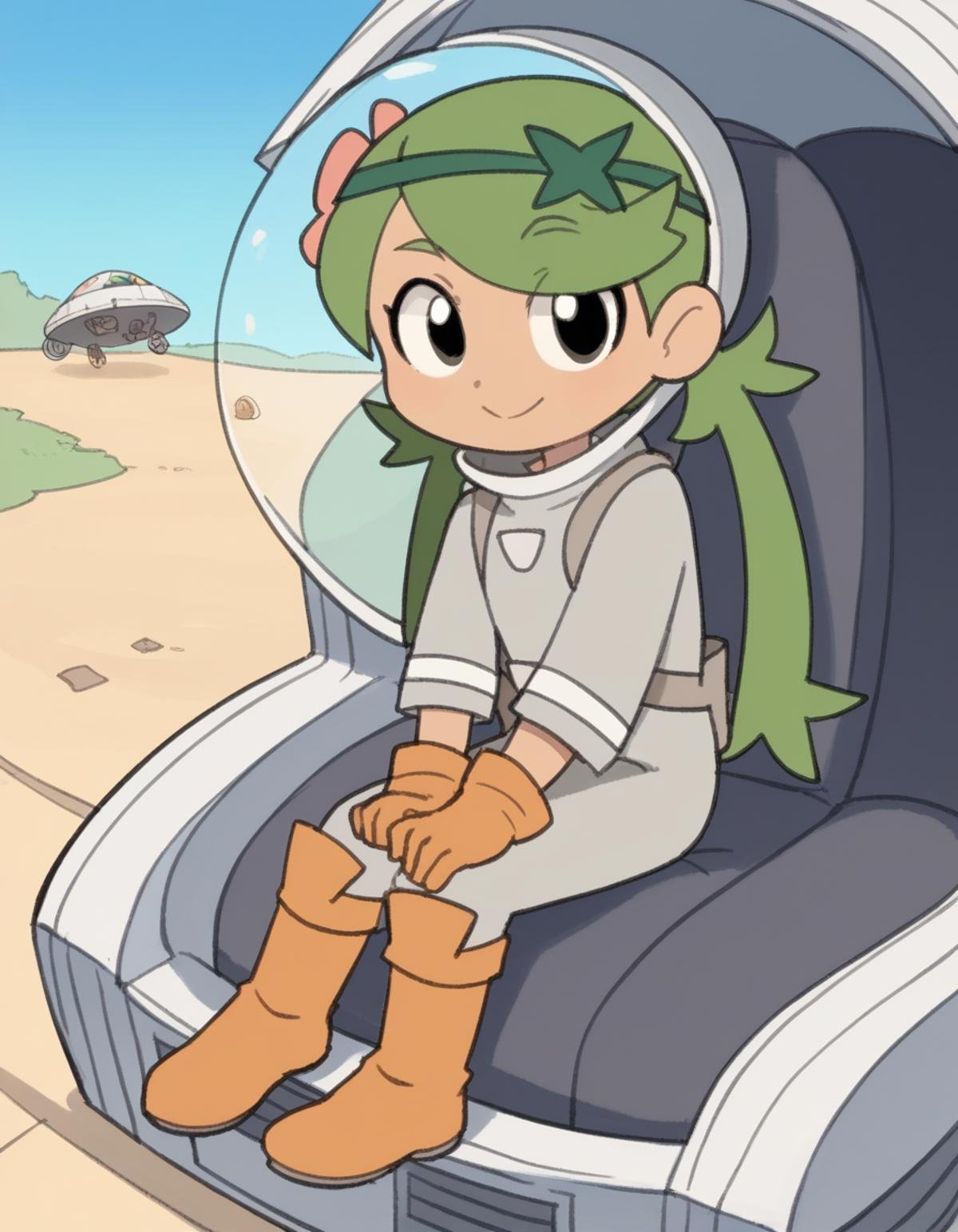 zPDXL, score_9, score_8_up, score_7_up, source_anime, flat color, sketch,1girl, solo, :D, (sitting on lap), Pokemon, Mallow, green hair, long hair, twintails, astronaut wearing a EVA suit,radiation gloves,reinforced boots, <lora:TemmieChang_ver2:1> tmchng, chibi, black eyes 