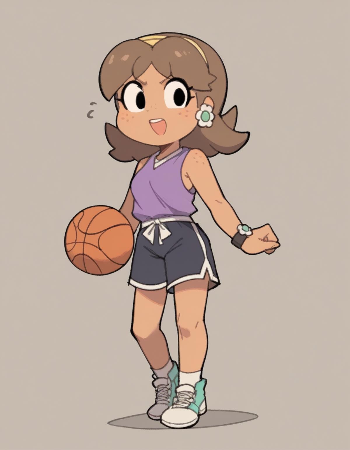 zPDXL, score_9, score_8_up, score_7_up, source_anime, flat color, sketch,1girl, solo, open mouth, (standing), Princess Daisy, brown hair, medium hair, freckles, tan-skinned female, basketball player wearing a purple sleeveless shirt, basketball shorts, ankle-support sneakers,  headband,sports watch, <lora:TemmieChang_ver2:1> tmchng, chibi, black eyes 