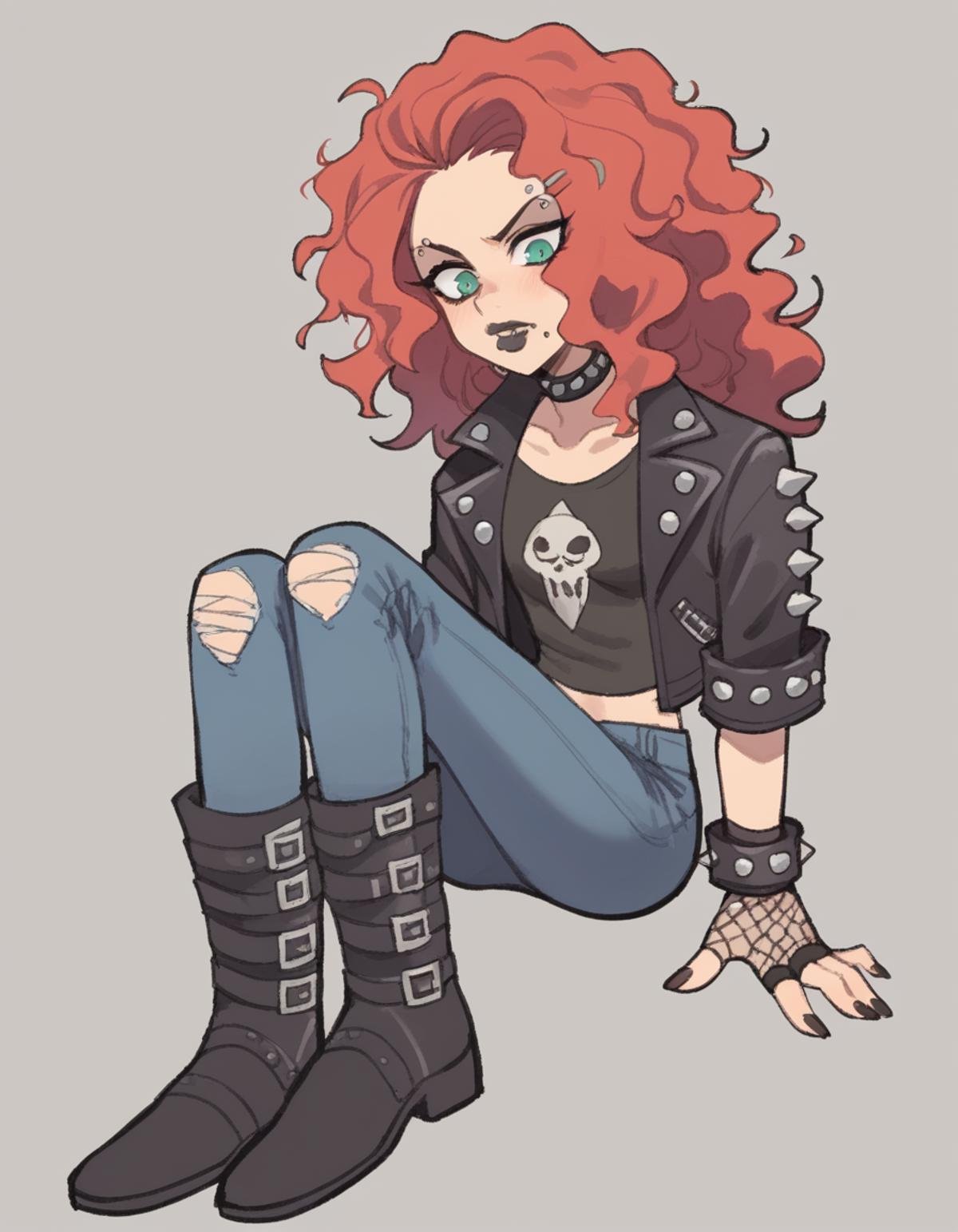 zPDXL, score_9, score_8_up, score_7_up, source_anime, flat color, sketch,1girl, solo, :o, (shushing), Merida \(Brave\), red hair, messy hair, punk wearing a faux fur leopard print jacket over a black mesh bodysuit,acid-washed skinny jeans,knee-high leather boots, jet-black hair, cone hair bun, lip piercing,eyebrow piercing, dark lipstick,mesh gloves,studded choker,leather studded cuff bracelet, <lora:TemmieChang_ver2:1> tmchng, . 