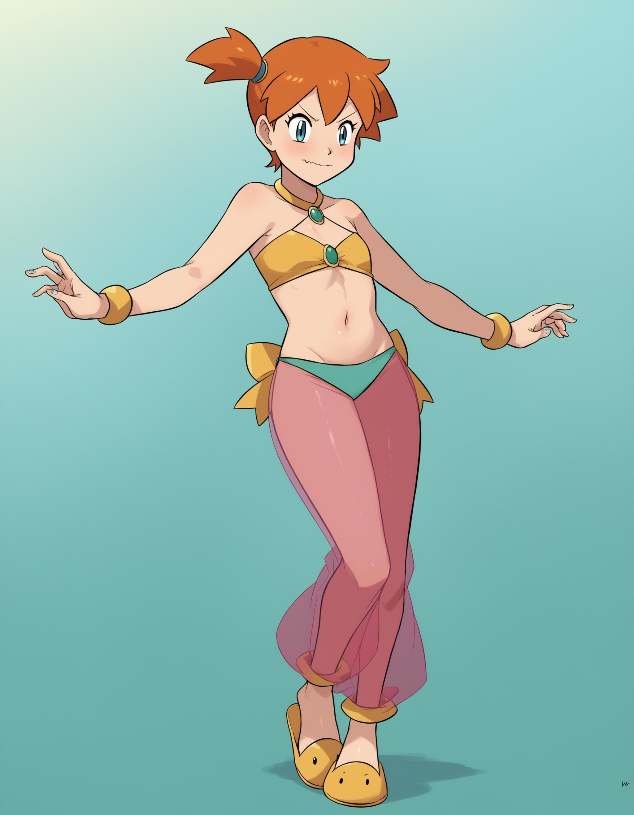 zPDXL, score_9, score_8_up, score_7_up, source_anime,1girl, solo, wavy mouth, (arm_support) , belly dancer wearing a green off-shoulder blouse,sequined harem pants,dance slippers, Pokemon, Misty, flat chest, orange hair, <lora:Lost1Zero_v2:1> l1z