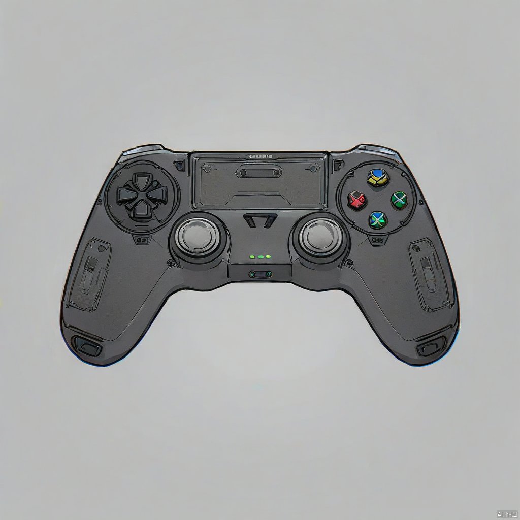 simple background, artist name, grey background, no humans, science fiction, controller, game console, screen