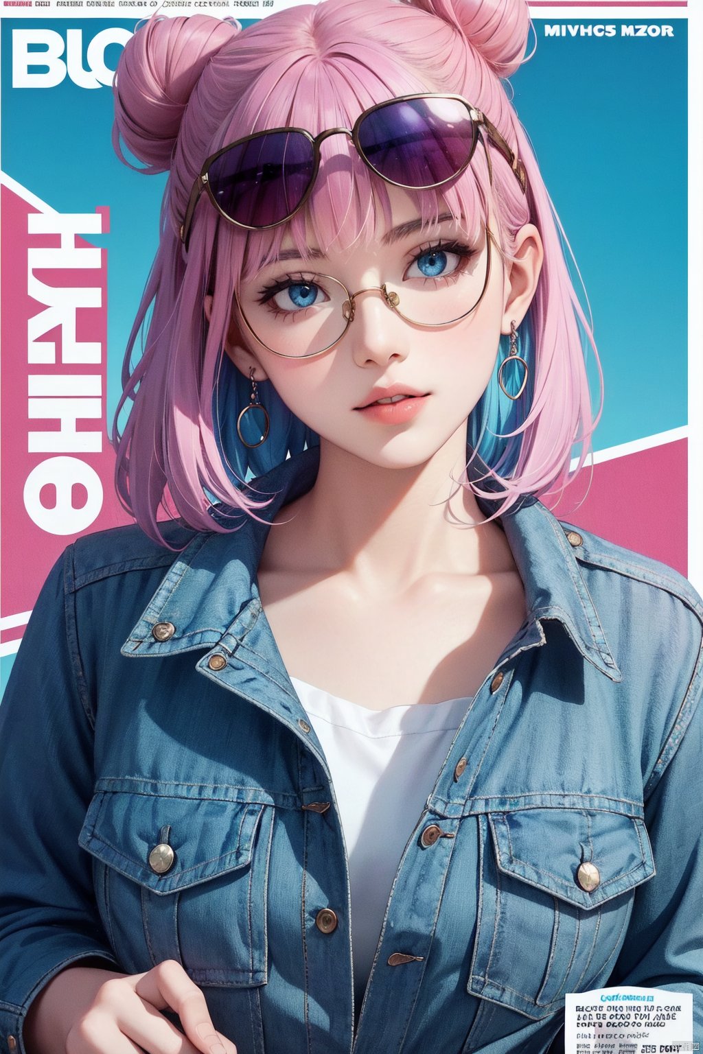 1girl, solo, looking at viewer, bangs, blue eyes, jewelry, blue hair, jacket, pink hair, multicolored hair, earrings, parted lips, hair bun, blue background, cover, sunglasses, ground vehicle, portrait, motor vehicle, tinted eyewear, magazine cover, looking over eyewear,
a cool girl, poster cover, text