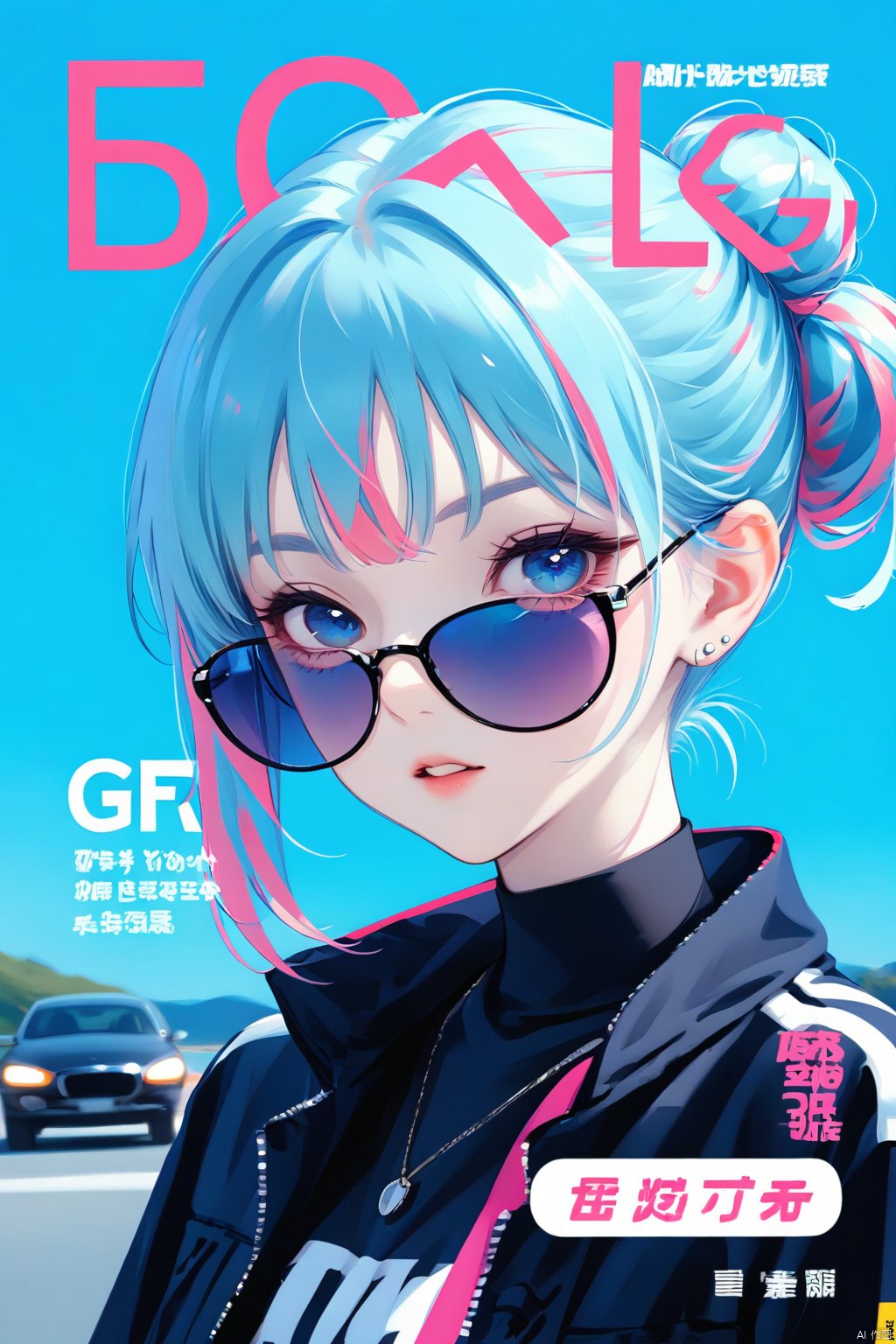 1girl, solo, looking at viewer, bangs, blue eyes, jewelry, blue hair, jacket, pink hair, multicolored hair, earrings, parted lips, hair bun, blue background, cover, sunglasses, ground vehicle, portrait, motor vehicle, tinted eyewear, magazine cover, looking over eyewear,
a cool girl, poster cover, text,a cool girl, text.