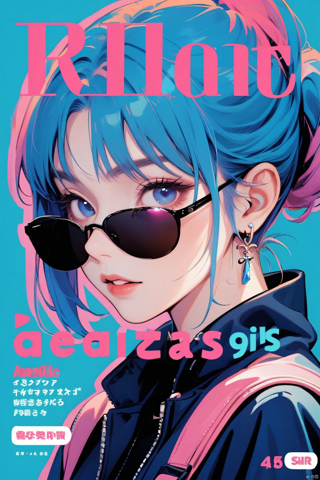 1girl, solo, looking at viewer, bangs, blue eyes, jewelry, blue hair, jacket, pink hair, multicolored hair, earrings, parted lips, hair bun, blue background, cover, sunglasses, ground vehicle, portrait, motor vehicle, tinted eyewear, magazine cover, looking over eyewear,
a cool girl, poster cover, text,a cool girl, text.