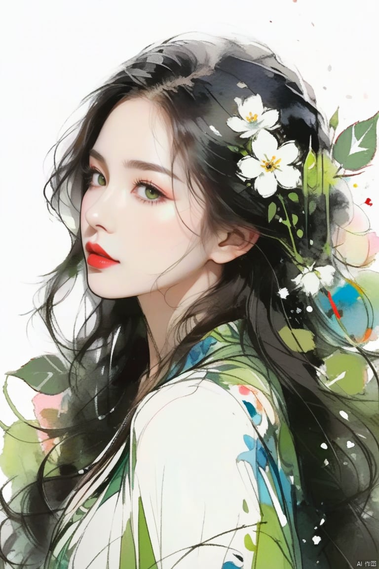 WatercolorGirl,
1 girl, (head tilted back:1.2), abstract, (surrounded by blossoming flowers:1.2), (flowers, floral theme:1.25), (black hair, mid parted hair, straight hair, long hair:1.2), pronounced blush, beautiful green eyes, simple black background, perfect lighting, smooth lighting, (mandala, chaotic patterns, abstract), (fractal art), looking at viewer from side, from side, (flowers, roses:1.25), the most beautiful form of chaos, elegant, a brutalist designed, vivid colour, ecstasy of musical notes, streaming musical notes visible, pxint detailed eyes,
long_hair,Red lips,bareshoulders,breasts,Cleavage ,
 hand,g23 ,black background,