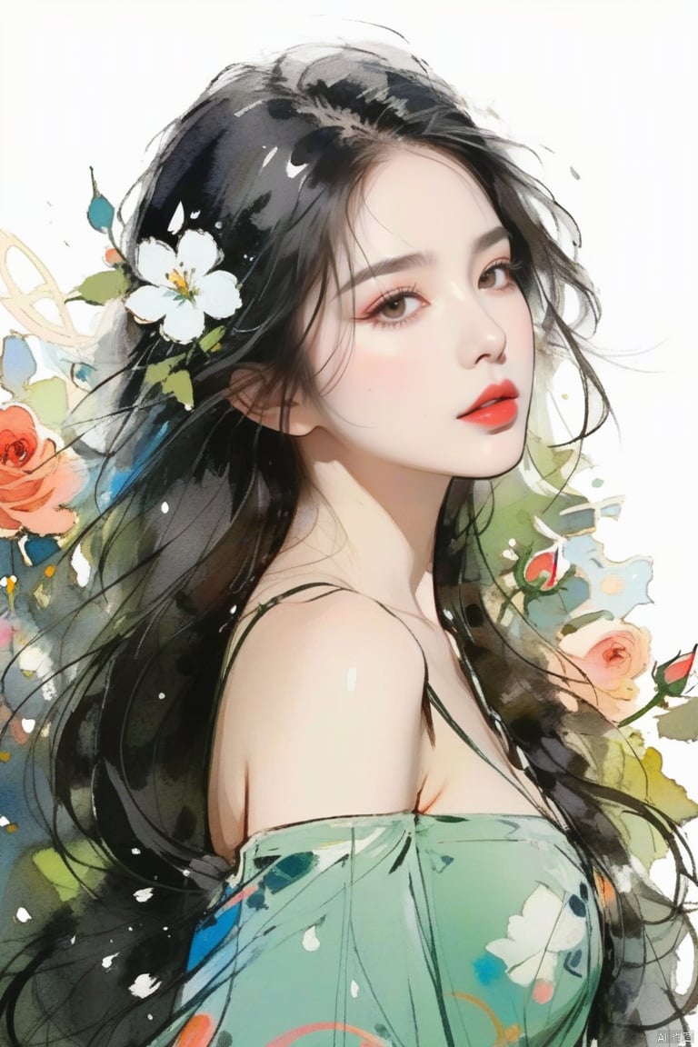 WatercolorGirl,
1 girl, (head tilted back:1.2), abstract, (surrounded by blossoming flowers:1.2), (flowers, floral theme:1.25), (black hair, mid parted hair, straight hair, long hair:1.2), pronounced blush, beautiful green eyes, simple black background, perfect lighting, smooth lighting, (mandala, chaotic patterns, abstract), (fractal art), looking at viewer from side, from side, (flowers, roses:1.25), the most beautiful form of chaos, elegant, a brutalist designed, vivid colour, ecstasy of musical notes, streaming musical notes visible, pxint detailed eyes,
long_hair,Red lips,bareshoulders,breasts,Cleavage ,
 hand,g23 ,black background,