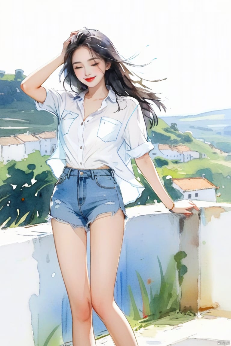 WatercolorGirl,
1girl, solo, long hair, breasts, looking at viewer, smile, shirt, black hair, brown eyes, closed mouth, standing, full body, white shirt, outdoors, shorts, barefoot, blurry, short shorts, bare legs, blurry background, own hands together, denim, denim shorts, ,
long_hair,Red lips,bareshoulders,
 hand,g23 ,black background,