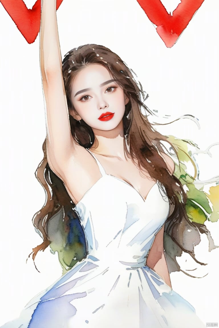 maked sign “V” with hands,“V”,
1girl,long_hair,Red lips,bareshoulders,
white dress, hand,g23 ,WatercolorGirl