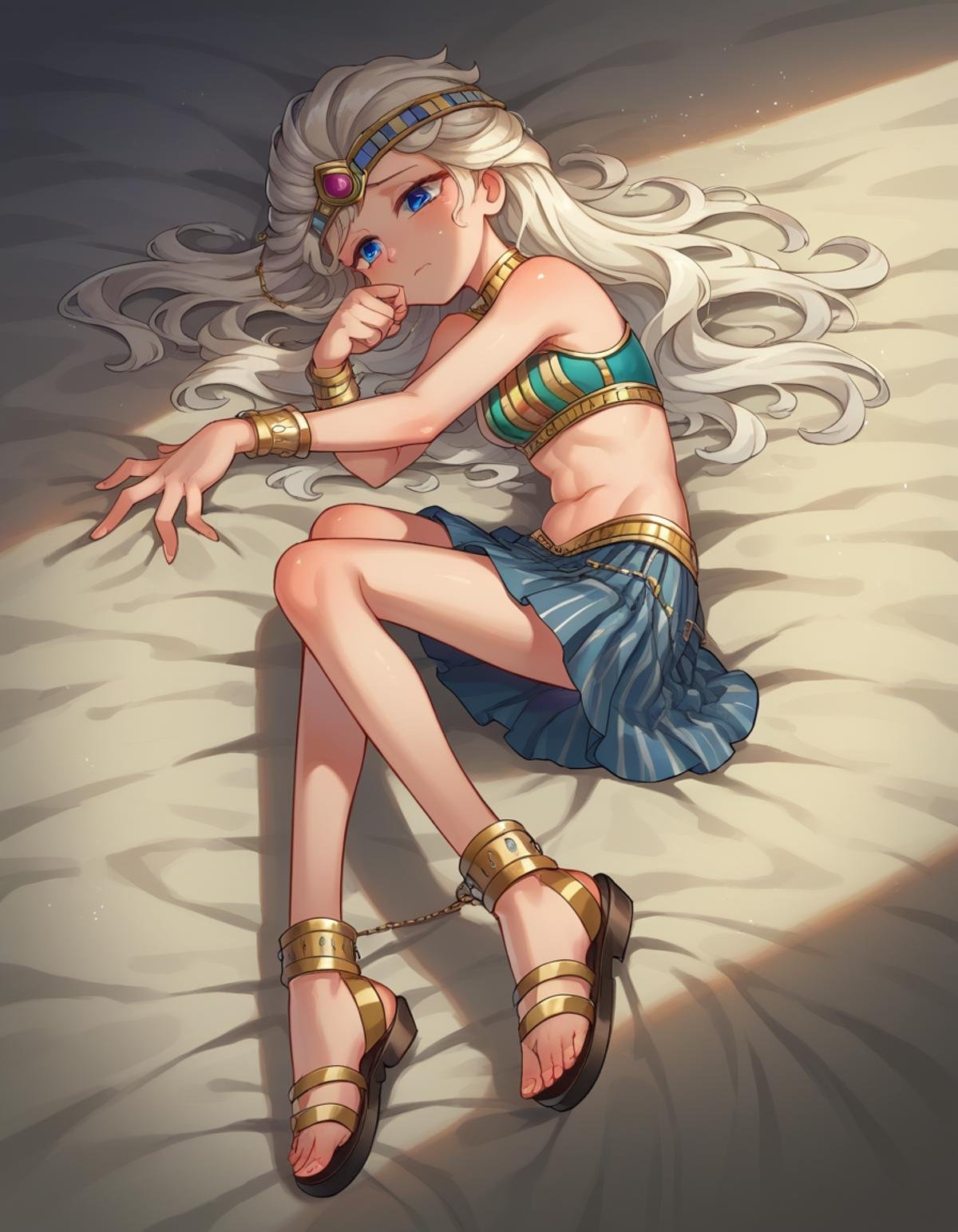 zPDXL, score_9, score_8_up, score_7_up, source_anime,1girl, solo,  <lora:Miwako_v2:1> mwk, sad, lying down, queen from ancient egypt wearing Linen crop top with beaded fringe, linen skirt with metallic gold stripes, beaded headband, leather sandals with ankle cuffs, Elsa \(frozen\), platinum blonde hair