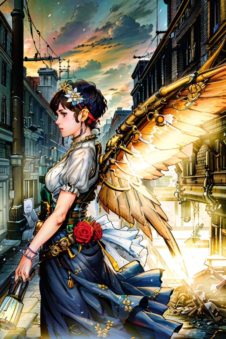 A lone figure stands against a train's steel backdrop, her brown-hued locks cropped short and adorned with a hairband featuring a delicate wing motif. A flowing dress wraps around her slender frame as she gazes out in profile, a sprig of flower tucked behind her ear. The soft glow of steam-powered lanterns casts an ethereal light on her striking features.