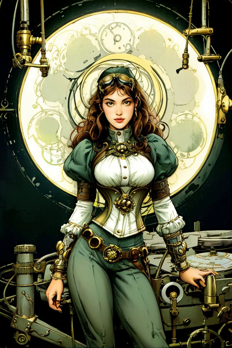 A lone girl stands majestically amidst a backdrop of intricate clockwork machinery and vintage scientific instruments on a dusty, old-world album cover. Her long, curly brown hair is adorned with goggles and a leather corset, while her eyes gleam with curiosity. The lighting is warm and soft, with hints of copper and brass. In the foreground, a vinyl record spins lazily, surrounded by scattered gears and wires. The overall atmosphere is one of whimsical adventure and discovery.