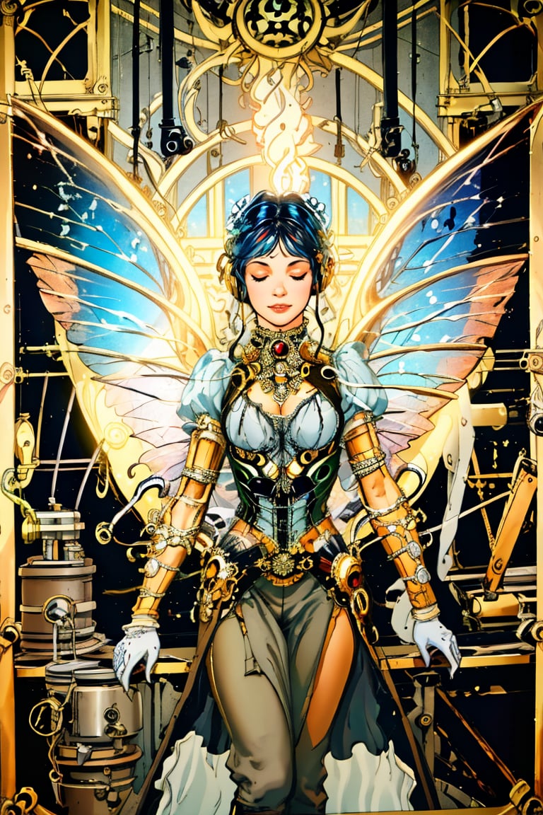 In the dimly lit, ornate chamber of a mystical steampunk realm, a faerie girl with delicate features and iridescent butterfly wings sprawls amidst a tapestry of gears and cogs. A robot cat, its mechanical limbs splayed in relaxation, rests beside her as candlelight dances across their faces. The soft glow casts a warm ambiance, rendering the intricate details of the steampunk contraptions and the faerie's ethereal wings in exquisite 8K HDR resolution, with an impressive bokeh effect blurring the background.