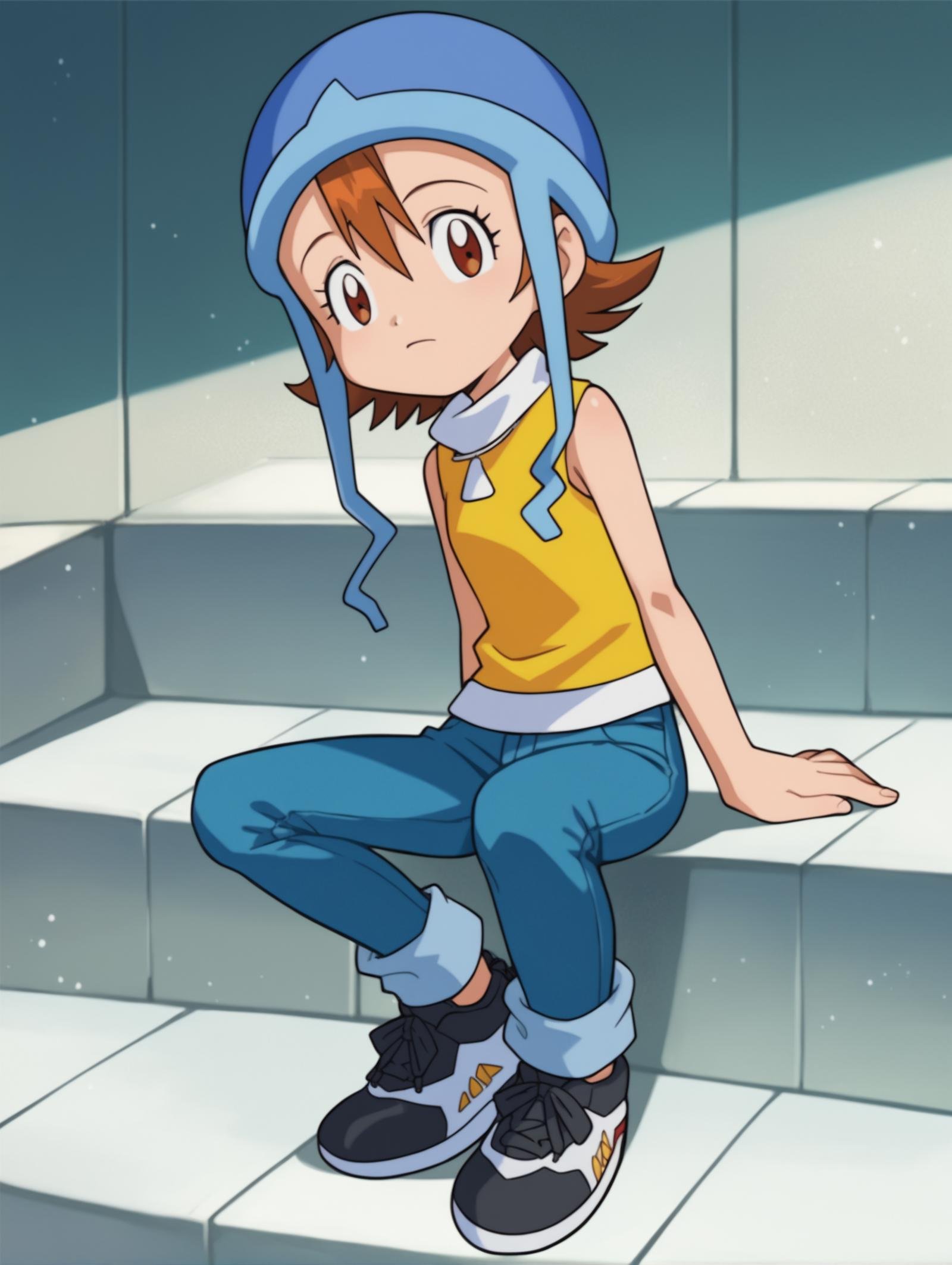 score_9, score_8_up, score_7_up, score_6_up, score_5_up, score_4_up, source_anime, BREAKlooking at viewer,  <lora:Digimon:0.8> digimon, 1girl, solo, sora, brown hair, brown eyes, short hair, hair between eyes, blue helmet, hat straps, yellow turtleneck, sleeveless, white collar, jeans, black sneakers,