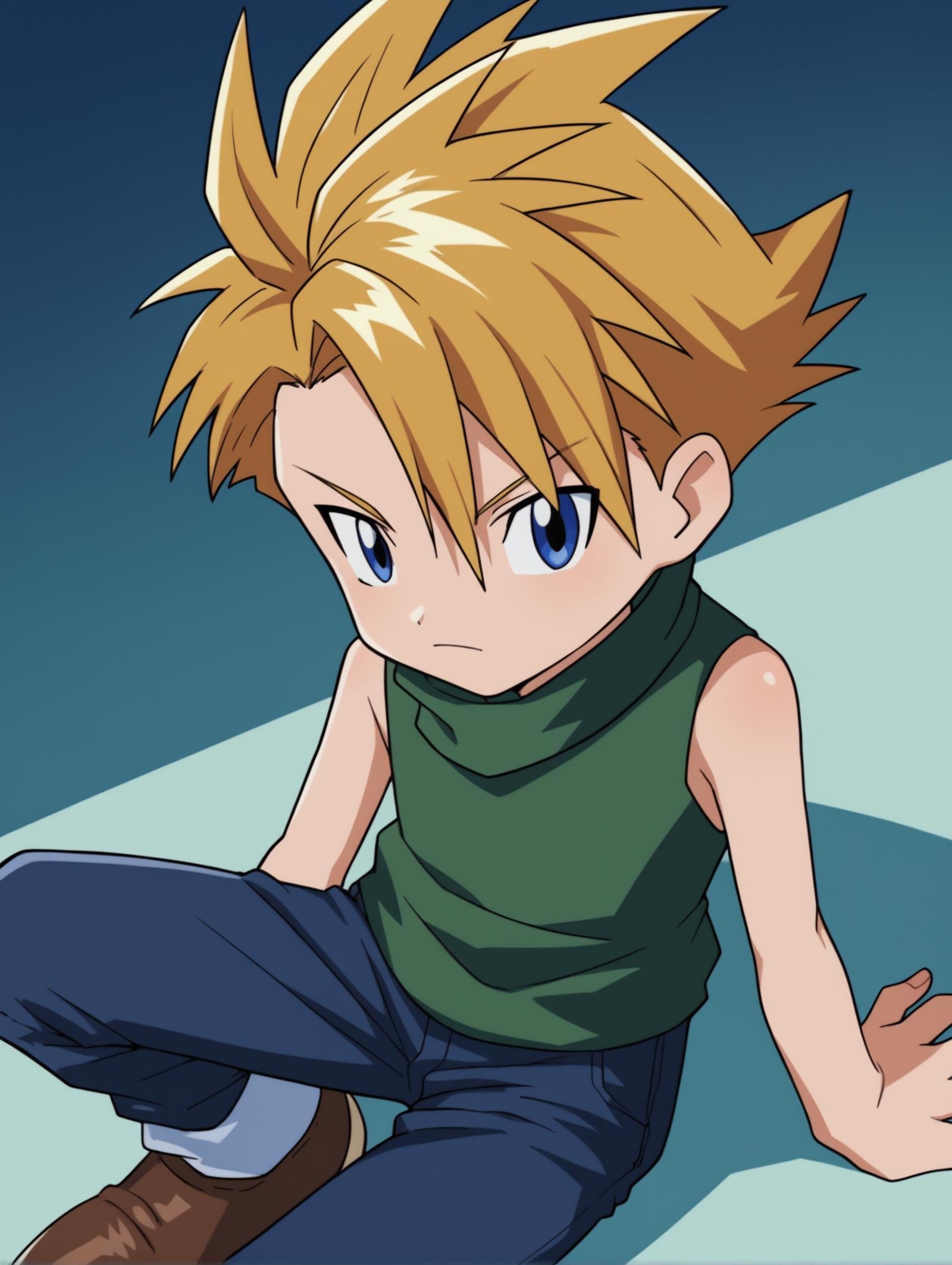 score_9, score_8_up, score_7_up, score_6_up, score_5_up, score_4_up, source_anime, BREAKlooking at viewer,  <lora:Digimon:0.8> digimon, 1boy, solo, Yamato, blue eyes, blond hair, spiked hair, green gurtleneck, sleeveless, jeans, brown shoes,