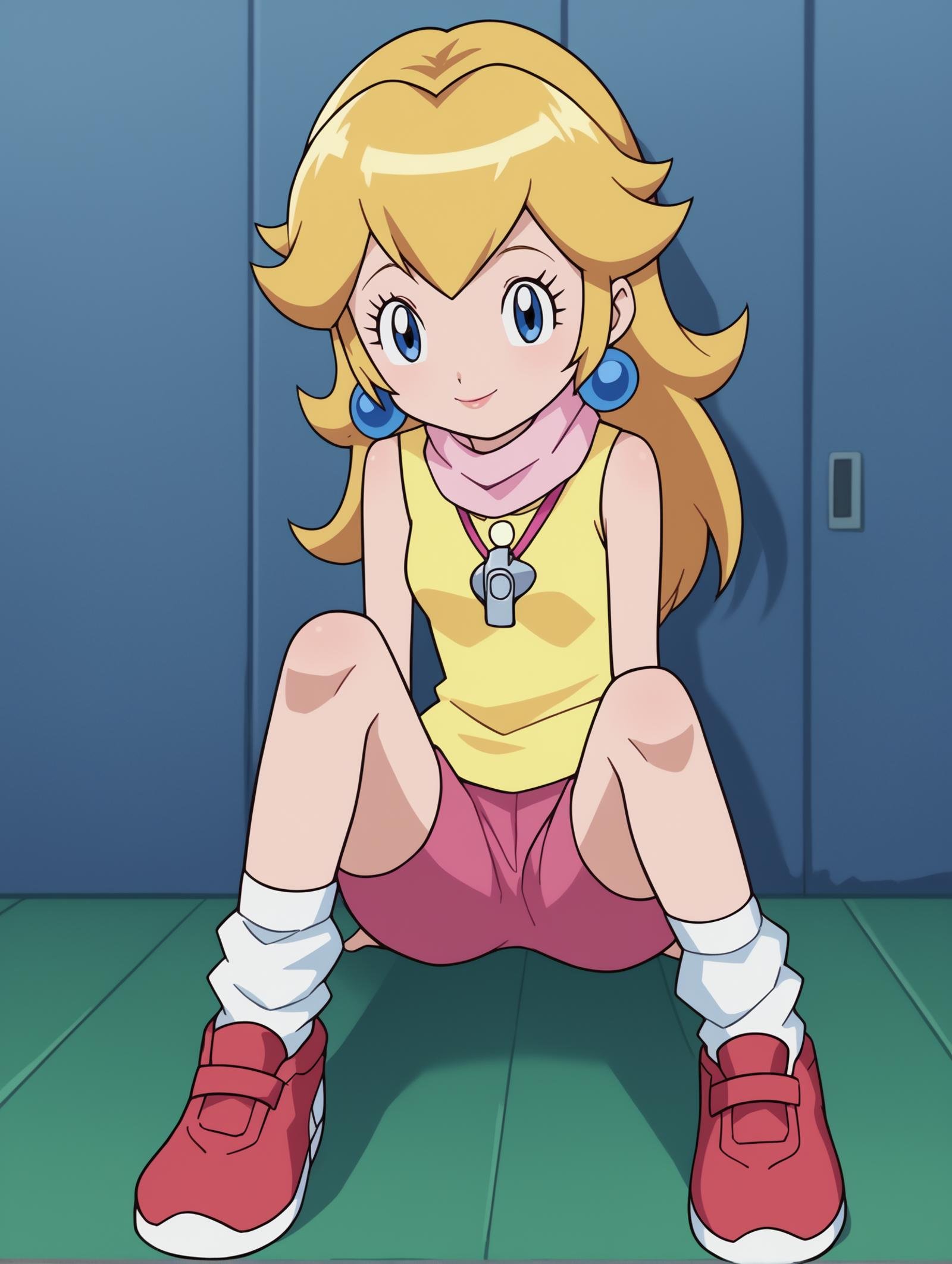 score_9, score_8_up, score_7_up, score_6_up, score_5_up, score_4_up, source_anime, BREAKlooking at viewer,  <lora:Digimon:0.8> digimon, 1girl, solo, <lora:princess-peach-ponyxl-lora-nochekaiser:0.8> princess peach, blonde hair, blue eyes, long hair, (yellow shirt, sleeveless, pink scarf, pink shorts, white socks, red shoes, whistle)