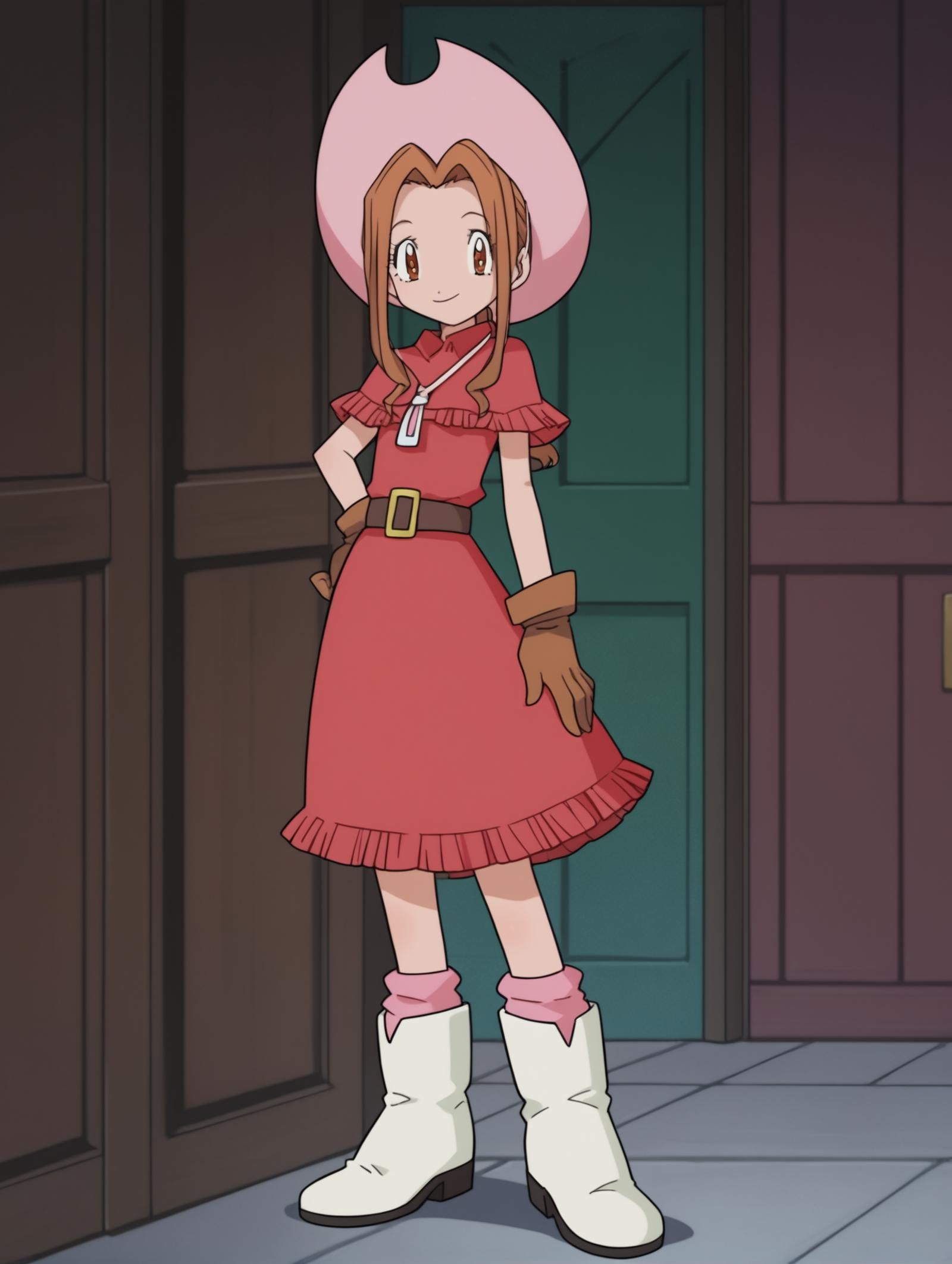 score_9, score_8_up, score_7_up, score_6_up, score_5_up, score_4_up, source_anime, BREAKlooking at viewer,  <lora:Digimon:0.8> digimon, 1girl, solo, mimi, brown hair, brown eyes, ponytail, red dress, cowboy hat, pink socks, brown gloves, belt, boots, white boots