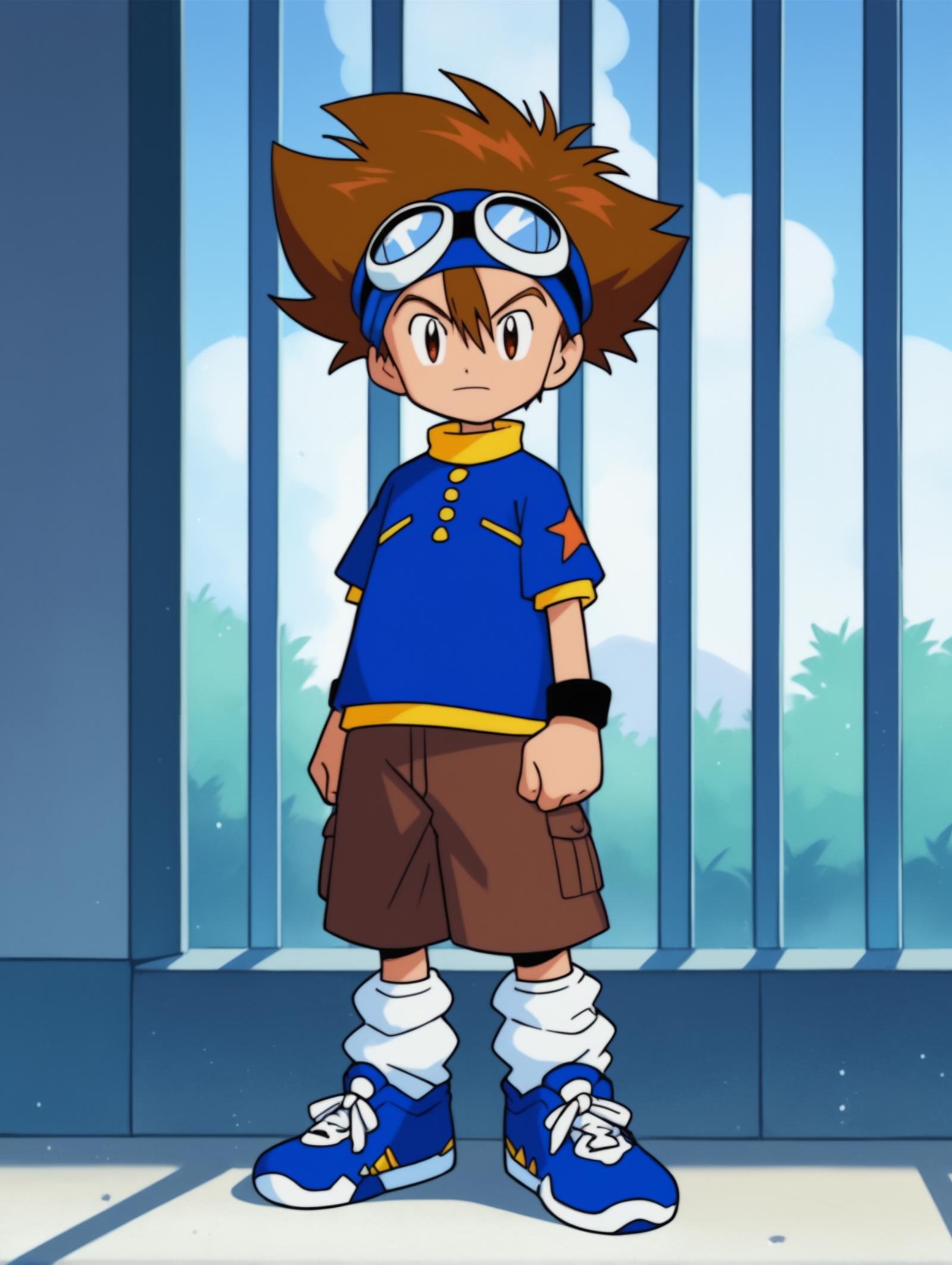 score_9, score_8_up, score_7_up, score_6_up, score_5_up, score_4_up, source_anime, BREAKlooking at viewer,  <lora:Digimon:0.8> digimon, 1boy, solo, taichi, brown hair, spiked hair, hair between eyes, goggles on head, goggles on head, blue shirt, yellow collar, brown shorts, white socks, loose socks, white and blue sneakers, grinning,