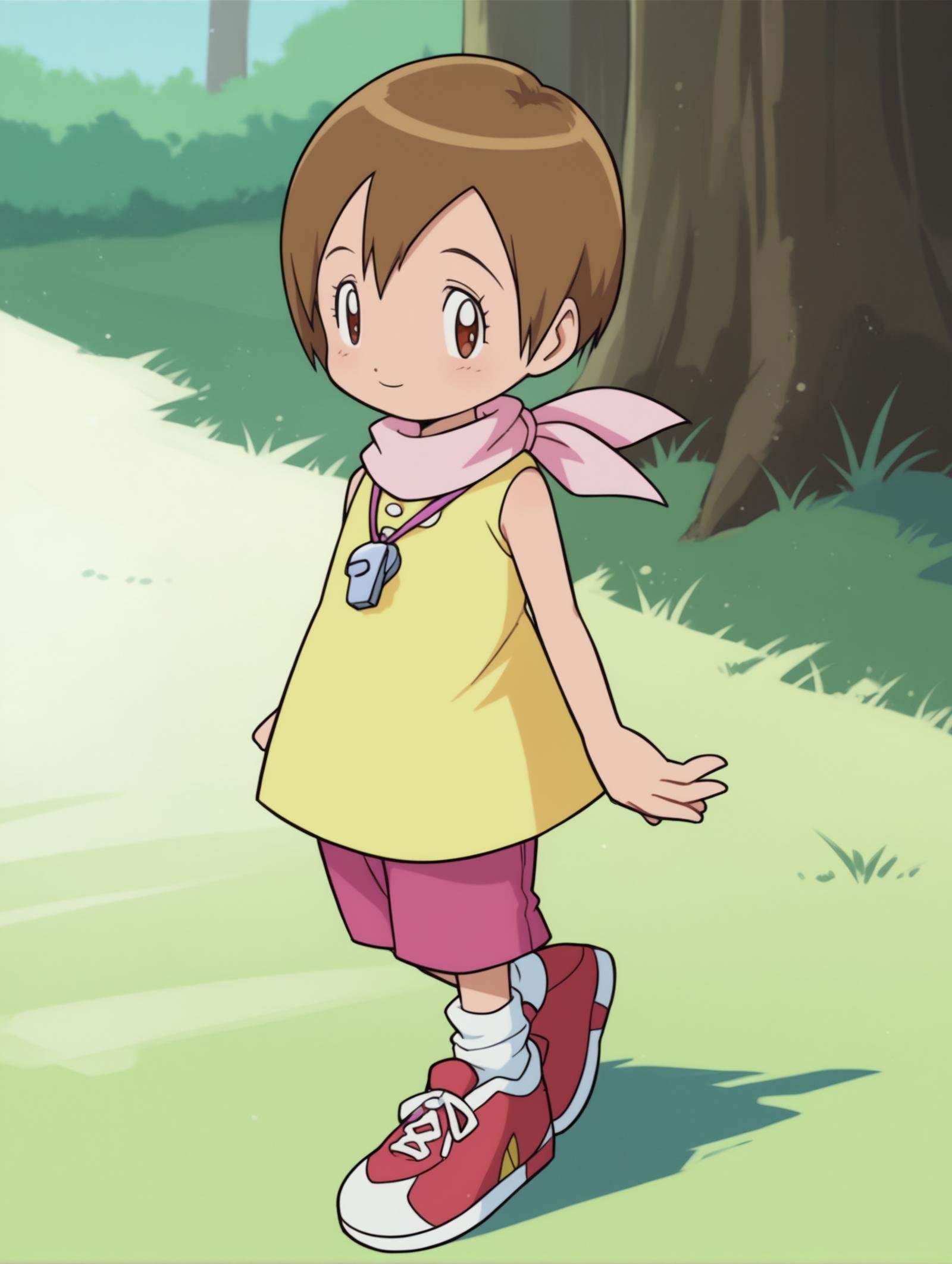 score_9, score_8_up, score_7_up, score_6_up, score_5_up, score_4_up, source_anime, BREAKlooking at viewer,  <lora:Digimon:0.8> digimon, 1girl, solo, hikari, brown hair, brown eyes, short hair, yellow shirt, sleeveless, pink scarf, pink shorts, white socks, red sneakers, whistle, child, 