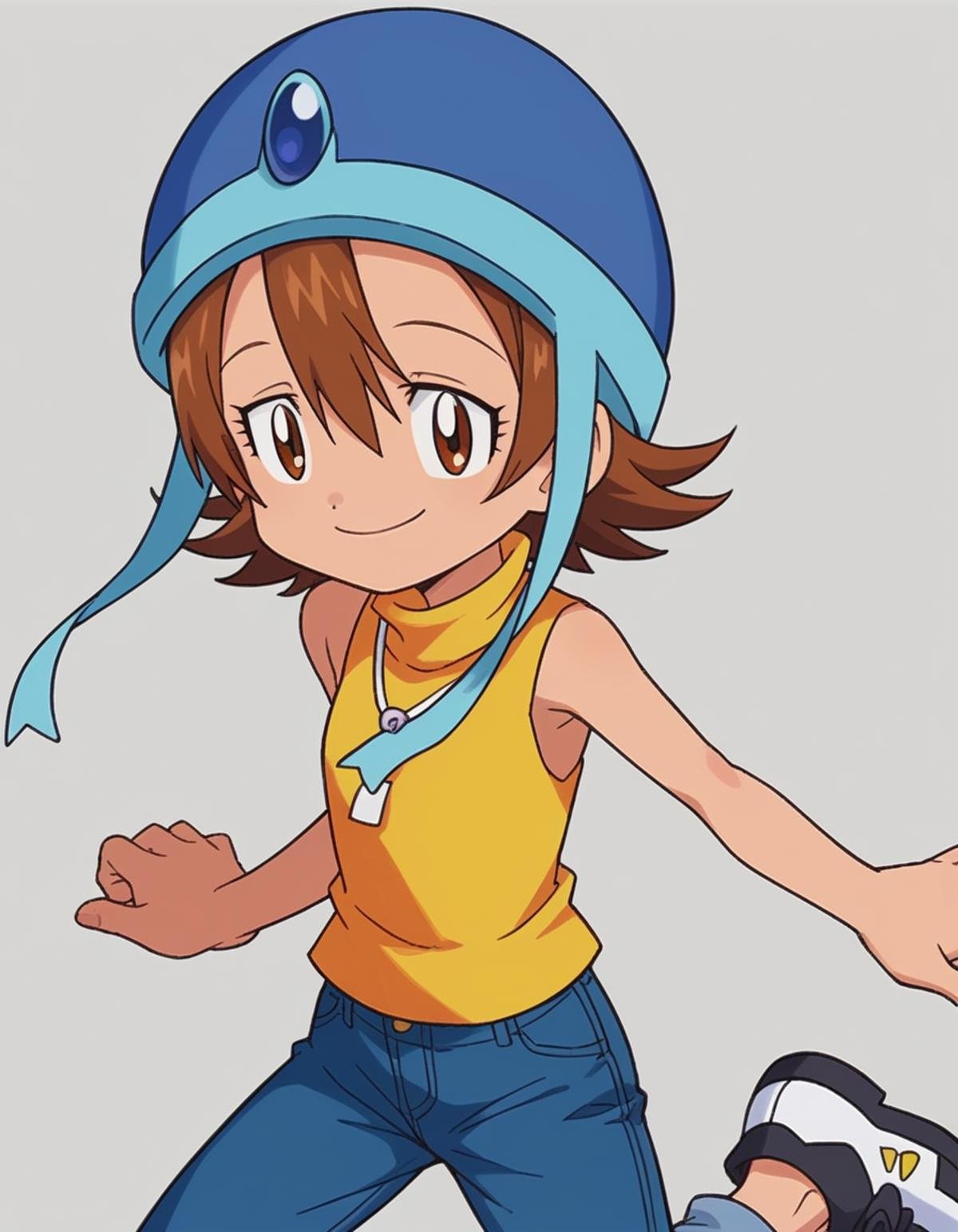 zPDXL, score_9, score_8_up, score_7_up, source_anime,<lora:Digimon_v2-15:0.8> digimon, half-closed eyes, smile, arm at side, 1girl, solo, sora, brown hair, brown eyes, short hair, hair between eyes, blue helmet, hat straps, yellow turtleneck, sleeveless, white collar, jeans, black sneakers, 