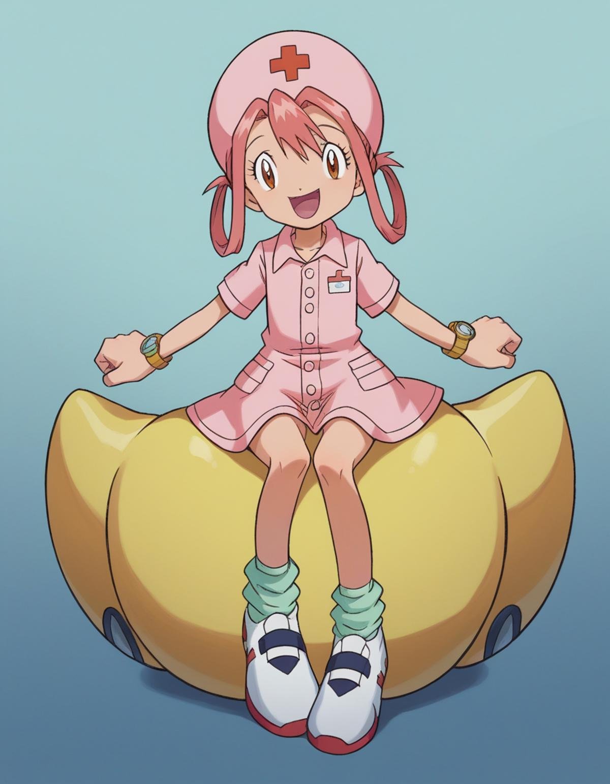 zPDXL, score_9, score_8_up, score_7_up, source_anime,<lora:Digimon_v2-15:1> digimon, Pokemon, Nurse Joy, pink hair, hair rings,, happy, legs_up, gangster from the year 1920, wearing a gray wide-lapelled suit, felt hat, spectator shoes, pocket watch,