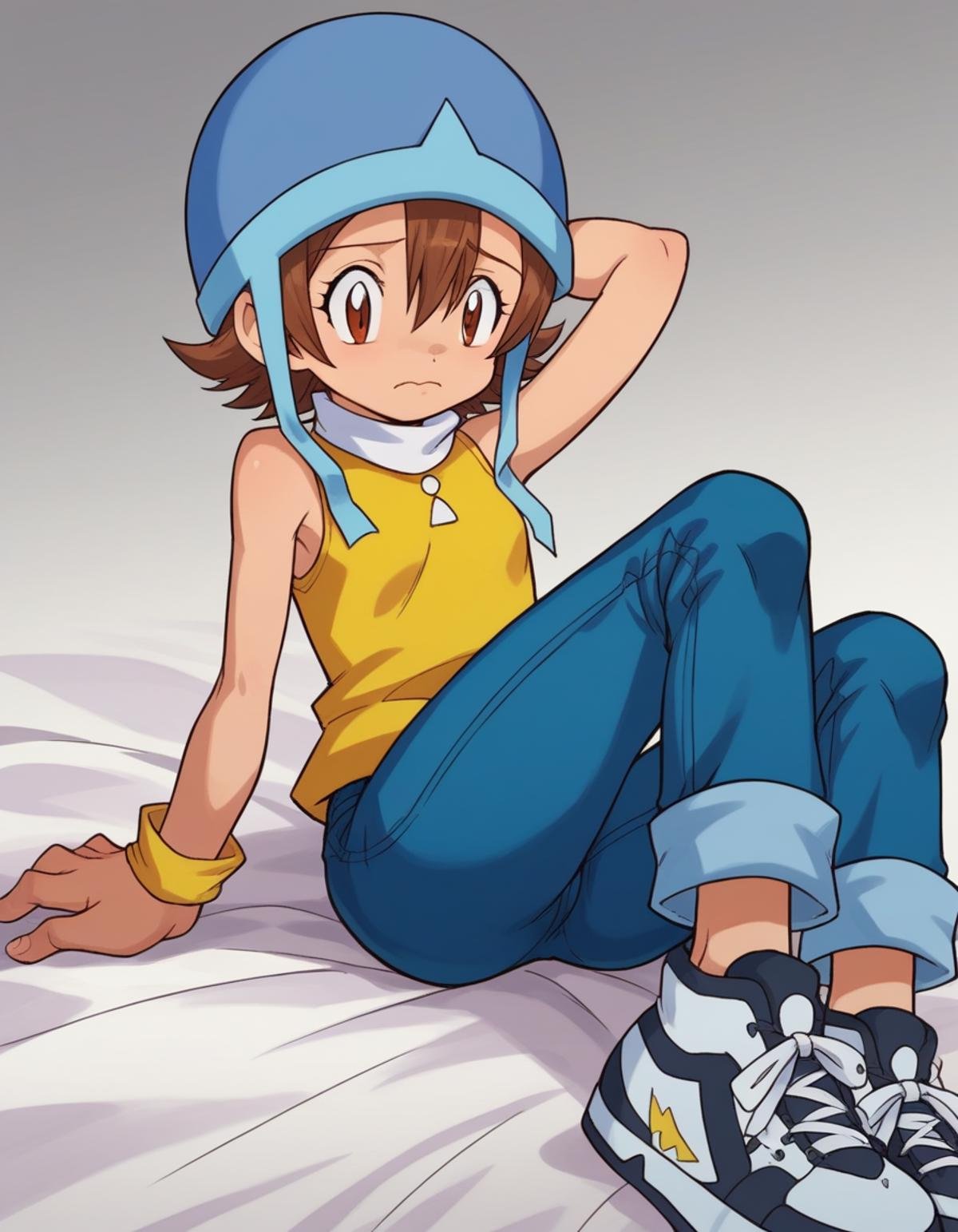 zPDXL, score_9, score_8_up, score_7_up, source_anime,<lora:Digimon_v2-18:0.8> digimon, 1girl, solo, sora, brown hair, brown eyes, short hair, hair between eyes, blue helmet, hat straps, yellow turtleneck, sleeveless, white collar, jeans, black sneakers,, nervous, arm_behind_head