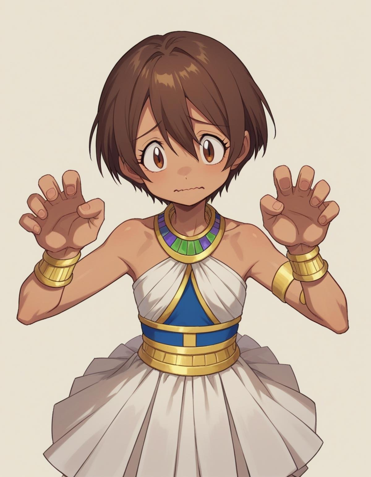 zPDXL, score_9, score_8_up, score_7_up, source_anime,<lora:Digimon_v2-15:0.8> digimon, 1girl, solo, sora, brown hair, brown eyes, short hair, hair between eyes, wavy mouth, paw_pose, queen from ancient egypt wearing Jewel-encrusted halter-neck top with flowing chiffon drape, pleated silk skirt with gold thread embroidery, gold filigree crown, embellished sandals,