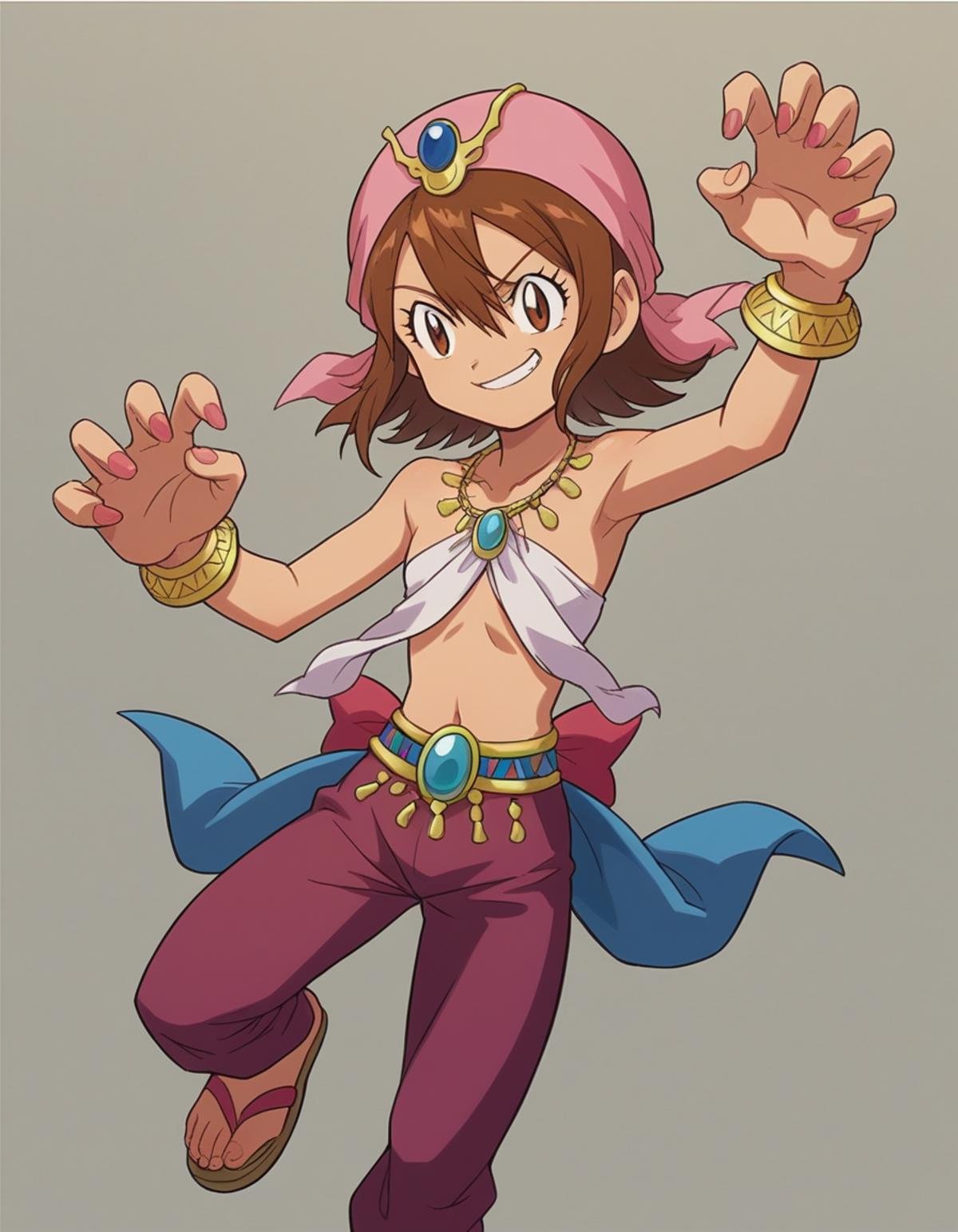 zPDXL, score_9, score_8_up, score_7_up, source_anime,<lora:Digimon_v2-15:0.8> digimon, 1girl, solo, sora, brown hair, brown eyes, short hair, hair between eyes, smirk, claw pose, (arabian princess) wearing Ornate maroon velvet abaya with intricate beadwork, silk trousers, ornamental headscarf, beaded sandals, ornate golden headpiece with cascading jewels, 