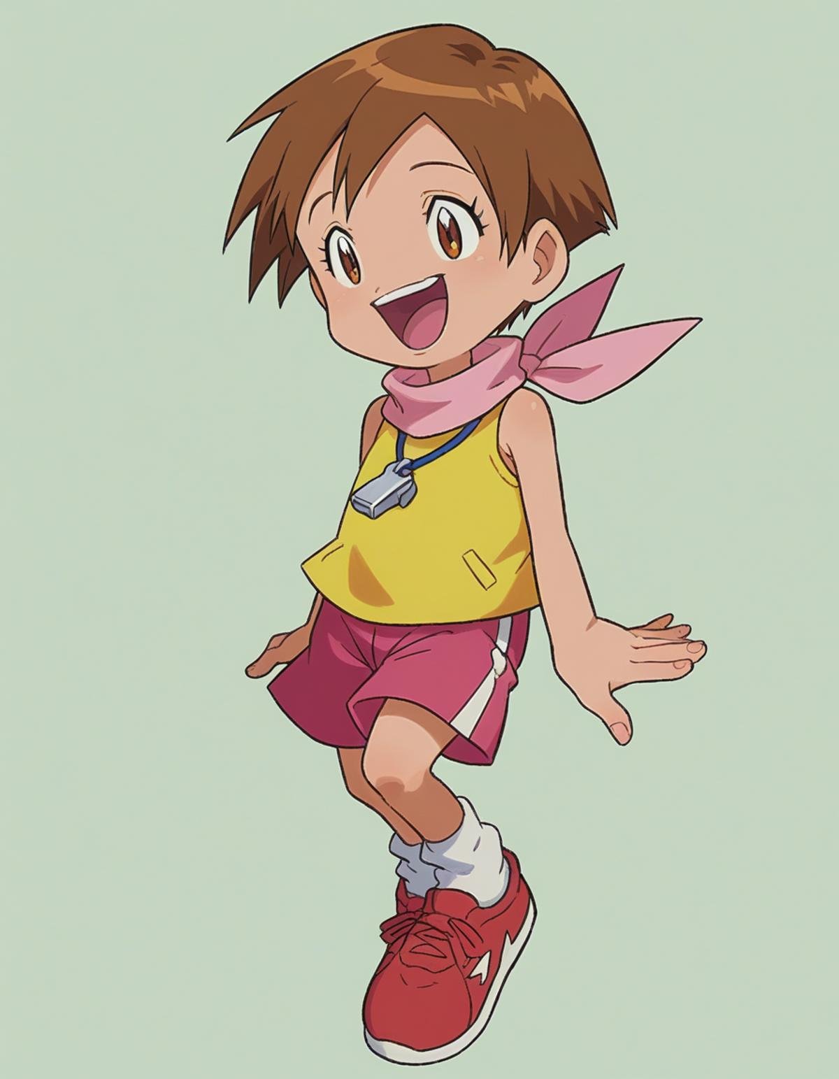 zPDXL, score_9, score_8_up, score_7_up, source_anime,<lora:Digimon_v2-15:0.8> digimon, laughing, baby_carry, 1girl, solo, hikari, brown hair, brown eyes, short hair, yellow shirt, sleeveless, pink scarf, pink shorts, white socks, red sneakers, whistle, 