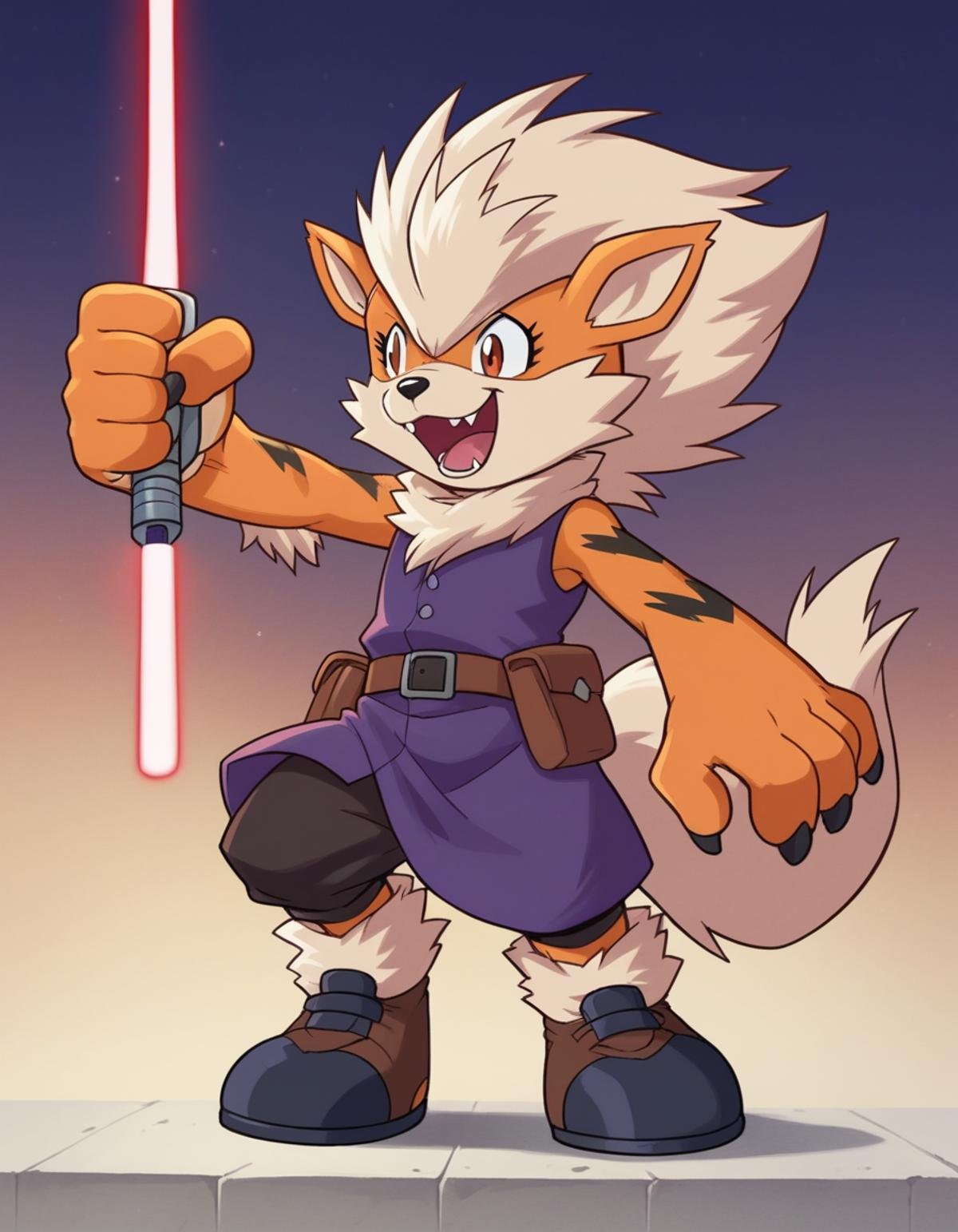 zPDXL, score_9, score_8_up, score_7_up, source_anime,<lora:Digimon_v2-15:1> digimon, Arcanine, red fur, white hair, furry,, laughing, looking_to_the_side, jedi wearing a sleeveless Jedi robe,utility Jedi belt with pouches,lightweight leather boots,  holocron,datapad, holding a lightsaber with purple blade,