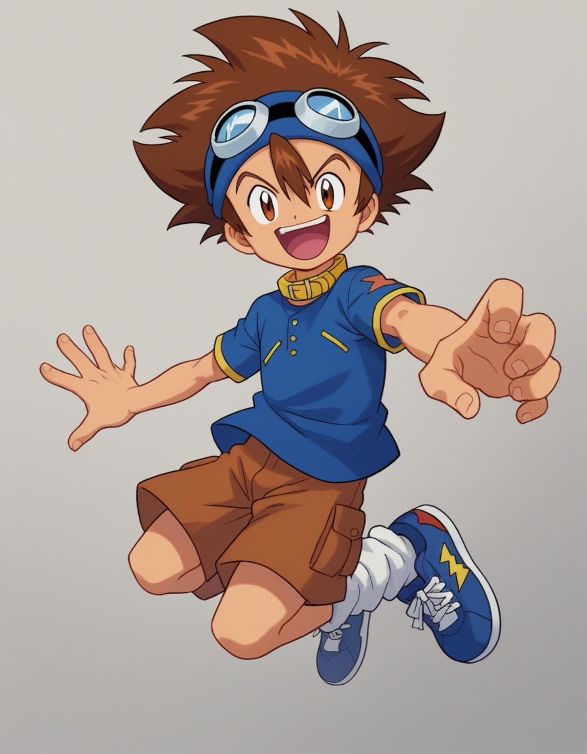 zPDXL, score_9, score_8_up, score_7_up, source_anime,<lora:Digimon_v2-15:0.8> digimon, 1boy, solo, taichi, brown hair, spiked hair, hair between eyes, goggles on head, goggles on head, blue shirt, yellow collar, brown shorts, white socks, loose socks, white and blue sneakers, short sleeves, happy, jumping, action, 