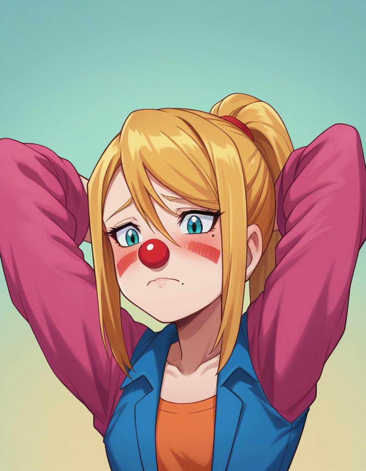 zPDXL, score_9, score_8_up, score_7_up, source_anime,<lora:Digimon_v2-15:1> digimon, Samus, blonde hair, ponytail, mole under eye, shy, blush, arms behind head, clown, red plastic nose, white face paint, wearing a orange  oversized colorful blazer,striped pants,glittery shoes, orange hair with a bowler hat, big red nose, rainbow face paint,