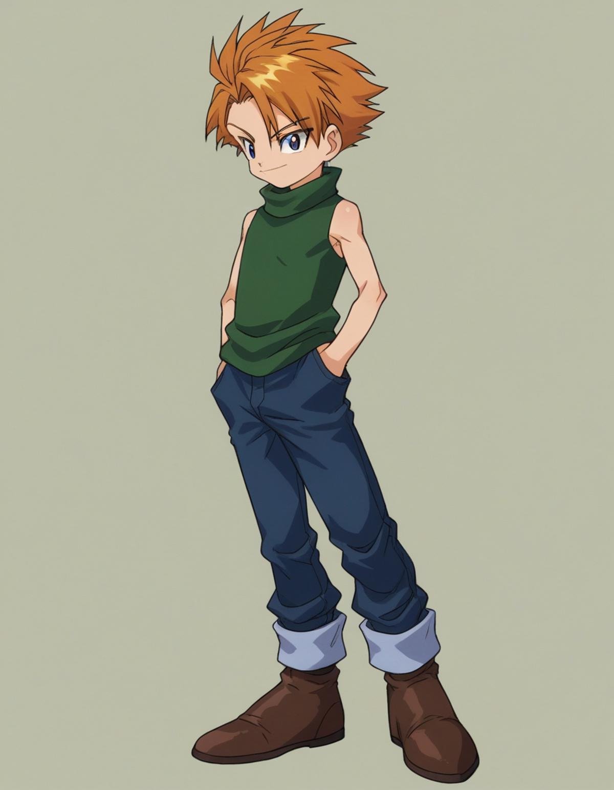 zPDXL, score_9, score_8_up, score_7_up, source_anime,<lora:Digimon_v2-18:0.8> digimon, 1boy, solo, Yamato, blue eyes, blond hair, spiked hair, green gurtleneck, sleeveless, jeans, brown shoes,, sparkling eyes, plantar flexion