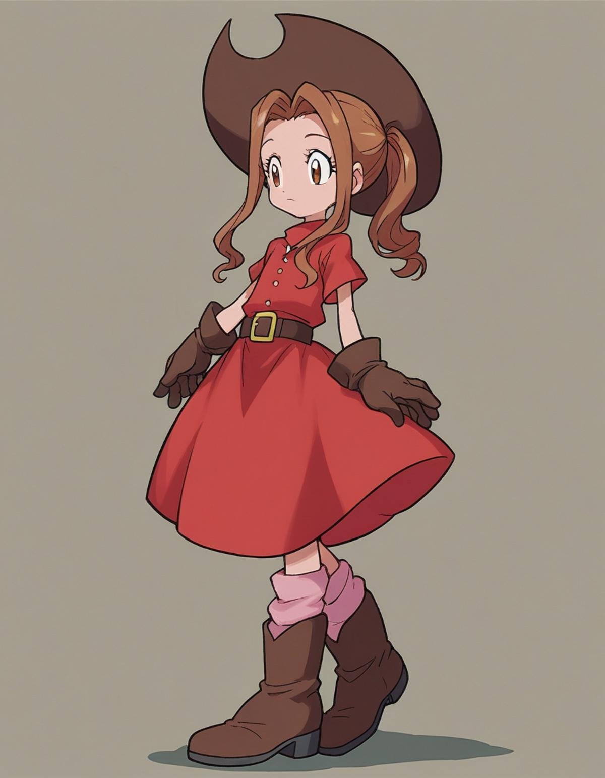 zPDXL, score_9, score_8_up, score_7_up, source_anime,<lora:Digimon_v2-18:0.8> digimon, 1girl, solo, mimi, brown hair, brown eyes, ponytail, red dress, cowboy hat, pink socks, brown gloves, belt, boots, white boots,, giggling, legs over head