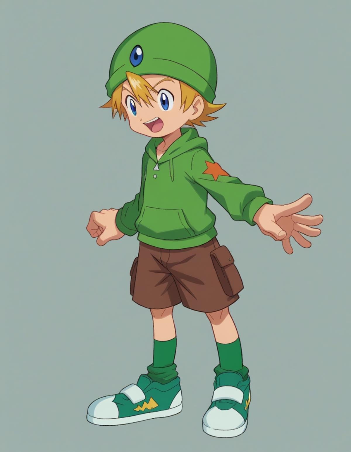 zPDXL, score_9, score_8_up, score_7_up, source_anime,<lora:Digimon_v2-15:0.8> digimon, open mouth, watson cross, 1boy, solo, takeru, short hair, blue eyes, blonde hair, green hat, green hoodie, brown shorts, green socks, green shoes, 