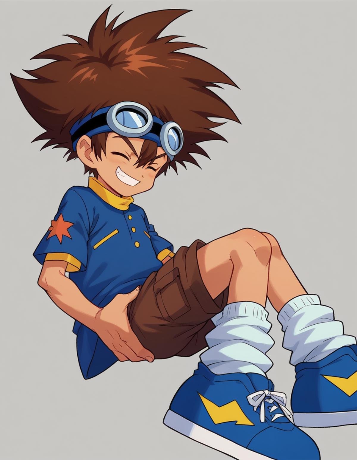 zPDXL, score_9, score_8_up, score_7_up, source_anime,<lora:Digimon_v2-18:0.8> digimon, 1boy, solo, taichi, brown hair, spiked hair, hair between eyes, goggles on head, goggles on head, blue shirt, yellow collar, brown shorts, white socks, loose socks, white and blue sneakers,, (closed eyes:1.2), smile, fireman's_carry