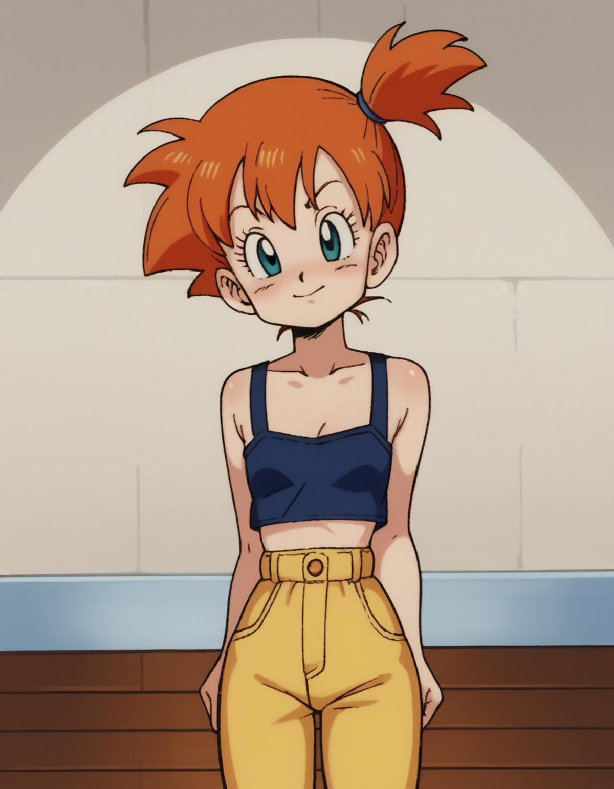 zPDXL, score_9, score_8_up, score_7_up, source_anime, BREAK<lora:EarlyAkira-20:0.9> drgbls1, 1girl, solo, Pokemon, Misty, flat chest, orange hair, split 