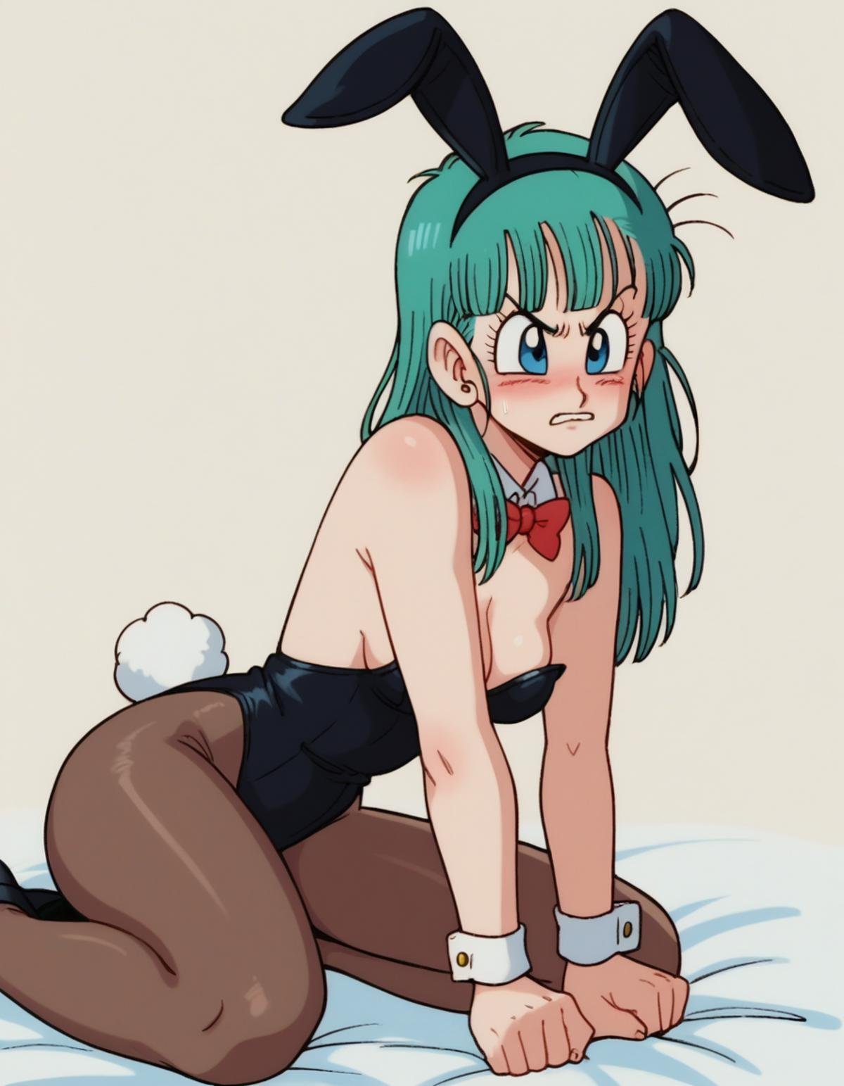 zPDXL, score_9, score_8_up, score_7_up, source_anime, BREAK1girl, solo,  <lora:EarlyAkira-20:0.8> drgbls1, bulma, blue hair, blue eyes, playboy bunny, pantyhose, rabbit ears, rabbit tail, blush, angry, blunt bangs, long hair, 