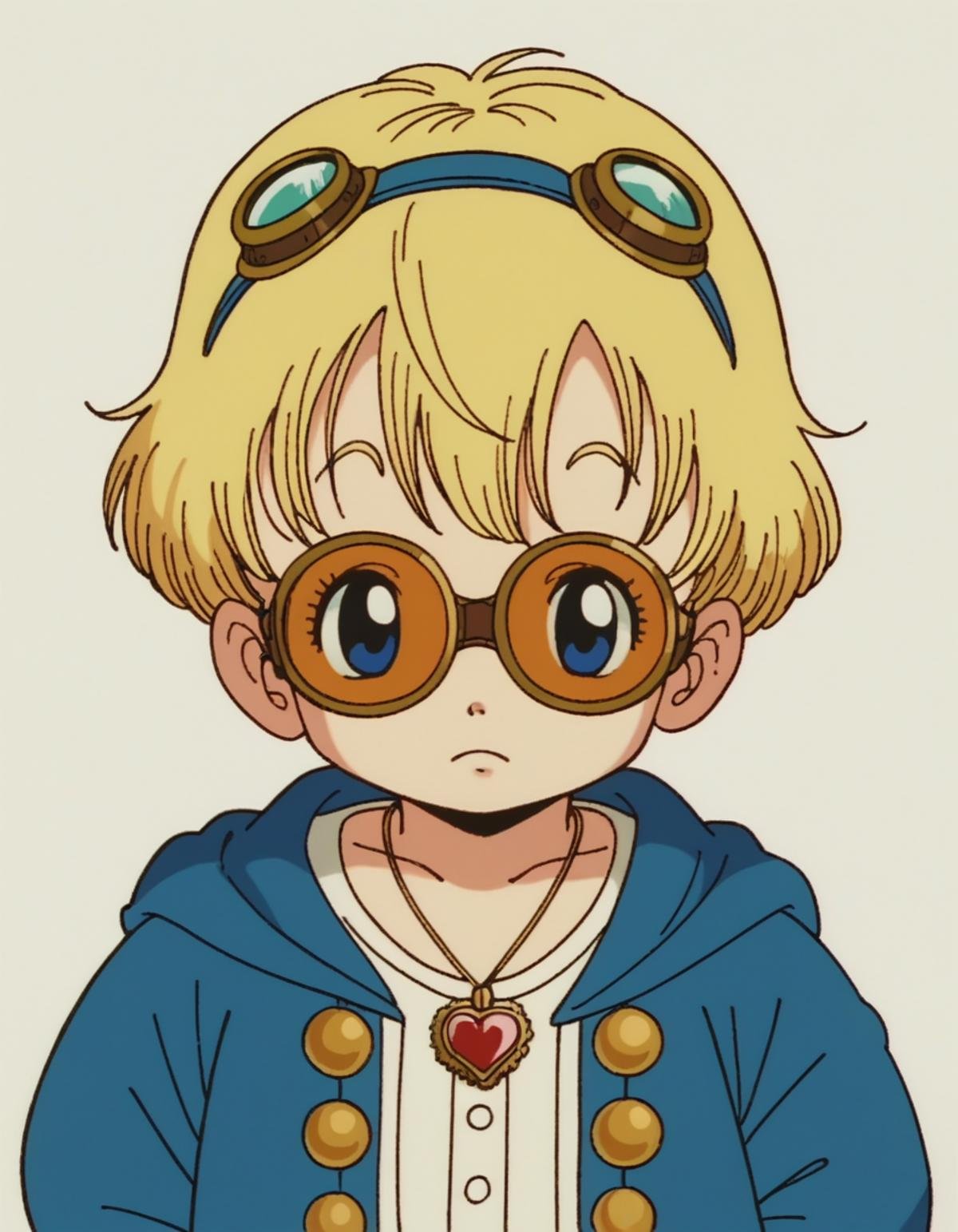 zPDXL, score_9, score_8_up, score_7_up, source_anime, 8k, absurdres, 1980s \(style\), retro artstyle, anime coloring, <lora:EarlyAkirav1-1:0.8> drgbls1, 1girl, wearing a steampunk attire, Bustle jacket with brass hardware, striped bloomers, monocle pendant necklace, lace-up Victorian boots, Brass goggles with tinted lenses, upper body, portrait, Alice in Wonderland, blonde hair, child, little girl, 