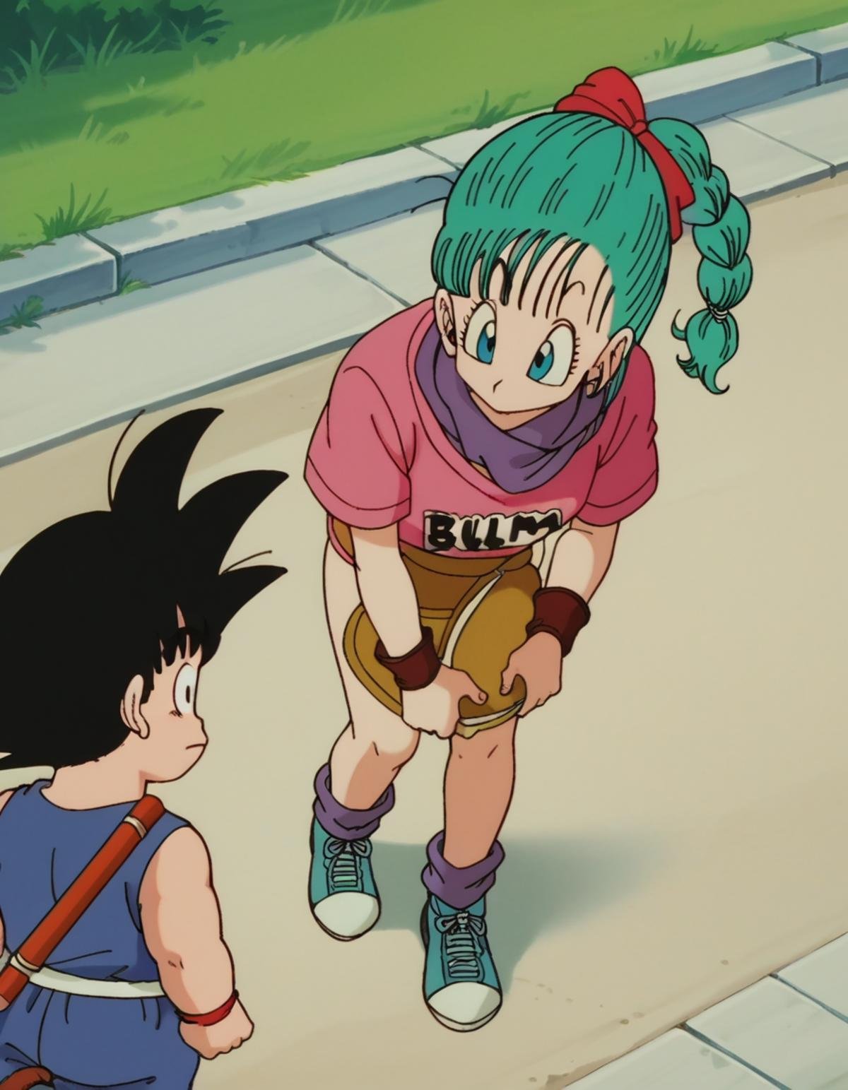 zPDXL, score_9, score_8_up, score_7_up, source_anime, 8k, absurdres, 1girl, <lora:EarlyAkirav1-1:1> drgbls1, son goku, black hair, black eyes, bulma, blue hair, blue eyes, multiple characters, 1boy, outdoors,