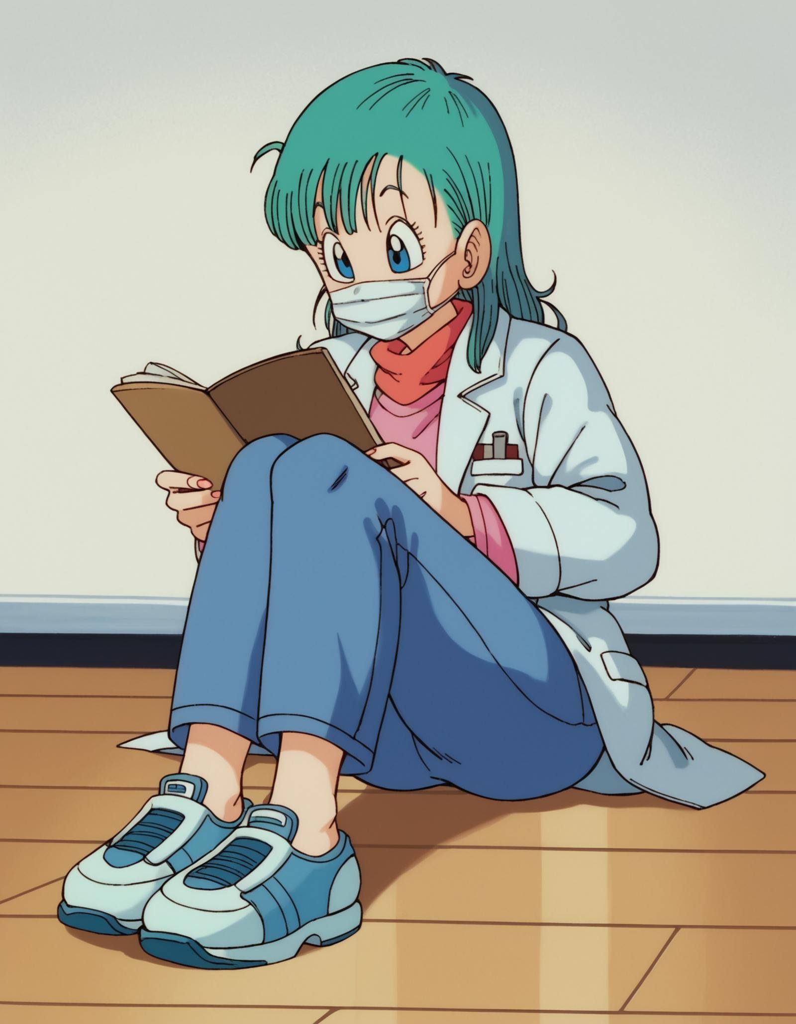 zPDXL, score_9, score_8_up, score_7_up, source_anime,1girl, solo,  <lora:EarlyAkira_v3:0.8> drgbls1, doctor wearing a light blue lab coat, tailored pants, orthopedic shoes, holding a penlight,surgical mask, bulma, blue hair, blue eyes