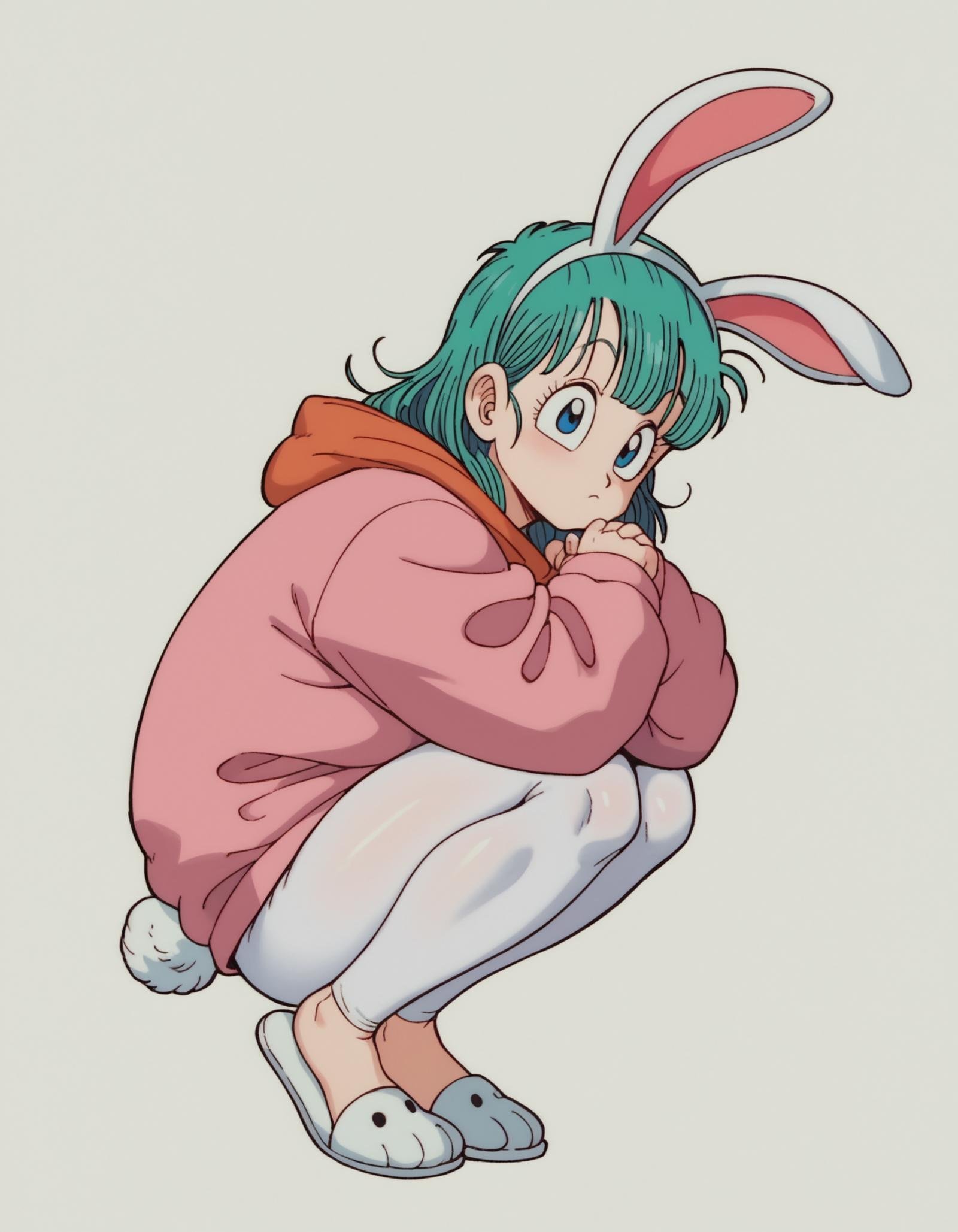 zPDXL, score_9, score_8_up, score_7_up, source_anime,1girl, solo,  <lora:EarlyAkira_v3:0.8> drgbls1, wearing White rabbit costume, rabbit head hood, rabbit tail, white leggings, white slippers, bulma, blue hair, blue eyes