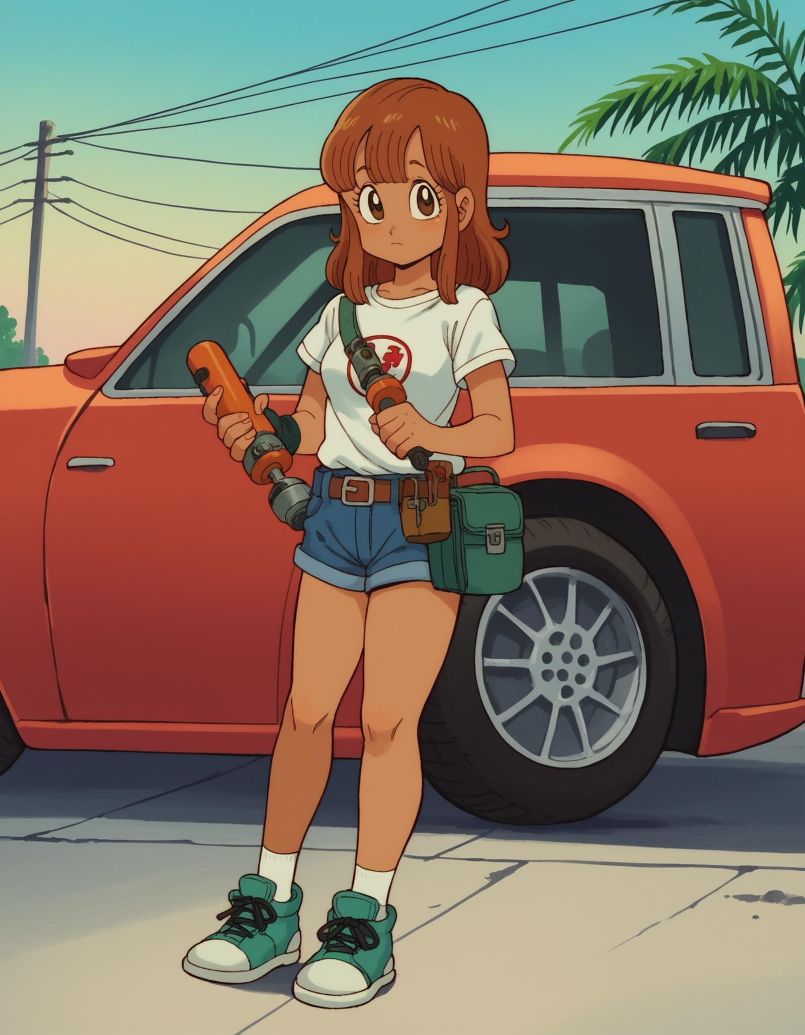 zPDXL, score_9, score_8_up, score_7_up, source_anime,1girl, solo,  <lora:EarlyAkira_v3:0.8> drgbls1, (radiant mechanic) young woman covered in grease, greasy, chinese, tan skin, hazel eyes, tiny build, short brown curtain bangs hair, wearing a grey t-shirt,industrial work shorts,heavy-duty sneakers, holding a rag,tool belt, set in Dealership Parts Department, well-organized space with shelves of car parts, a counter for customer service, a computer for parts lookup, bins of smaller items, a display of car accessories, 