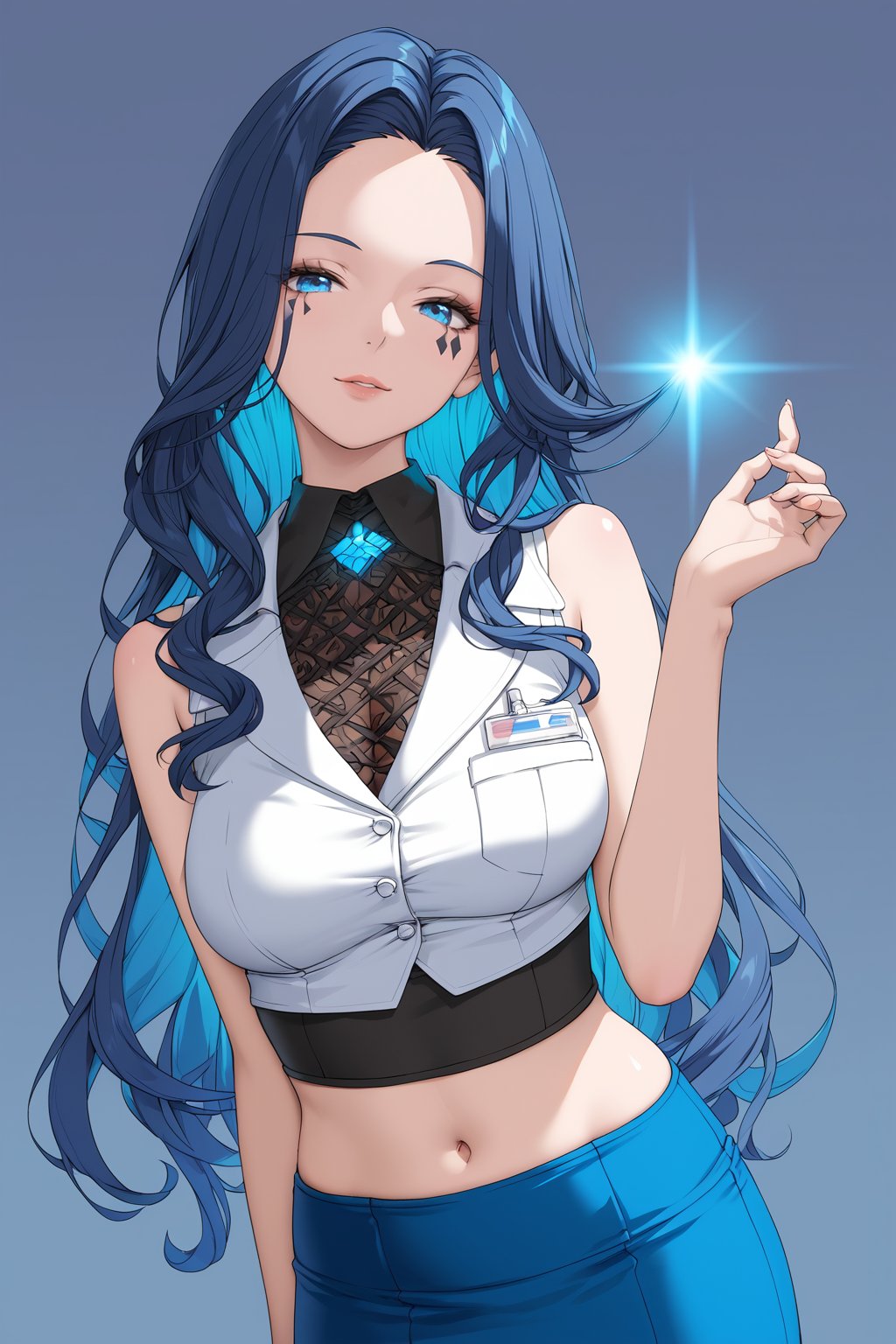 (masterpiece), 1girl, solo, mature, sexy, highly detailed face and eyes, professional makeup, black sequin sleeveless cropped top, skirt, blue-black dual tone long hair, glowing blue eyes