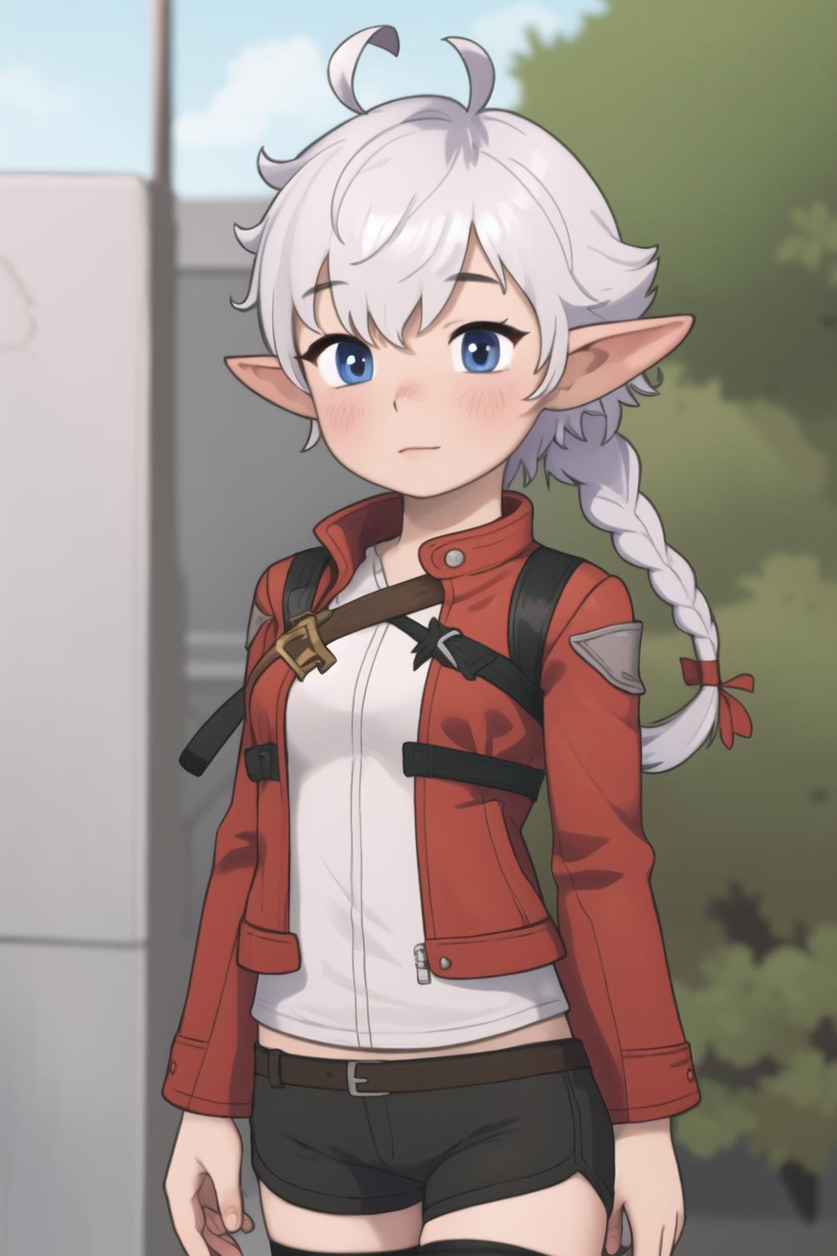 1girl, solo, masterpiece, <lora:KoalaEngineV2:0.8> koalaengine, BREAK <lora:AlisaieLeveilleurFinalFantasy6:1> alisaie leveilleur (final fantasy), alisaie, elezen, long hair, jacket, ahoge, hair ribbon, red jacket, braid, long sleeves, thighhighs,