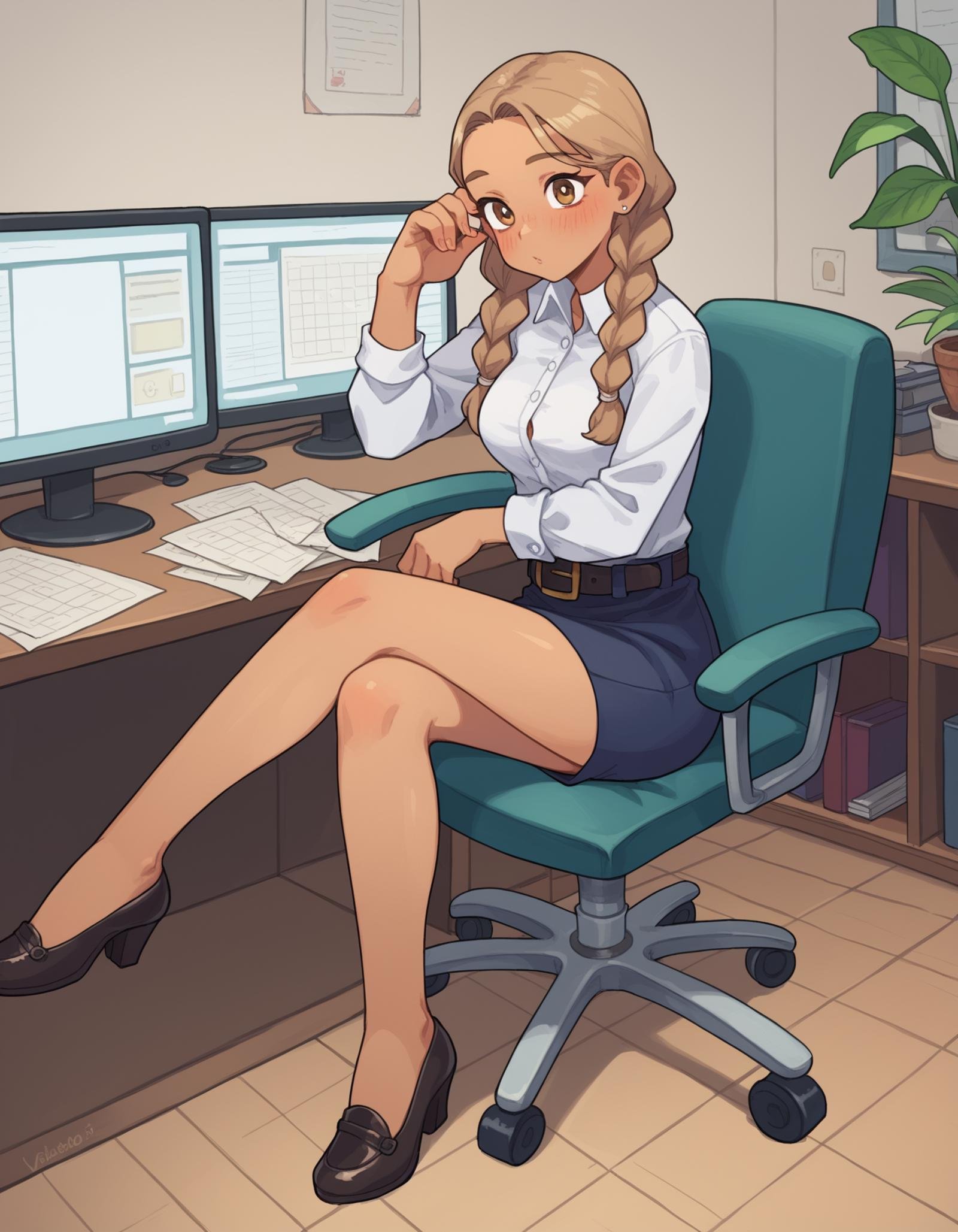 zPDXL, score_9, score_8_up, score_7_up, source_anime,1girl, solo, (vivacious office secretary) young woman, spanish, tan skin, light brown eyes, slim build, extra long hazel double braids hair,  wearing a crisp white  tailored blazer over a silk blouse, tailored trousers, low-heeled loafers, classic leather belt, light blush,lightly defined eyebrows, set in Training Room, Educational setting with flip charts, training manuals, projector screens, stackable chairs, a podium, at night,  <lora:PossumMachine_v2:0.8> possmach